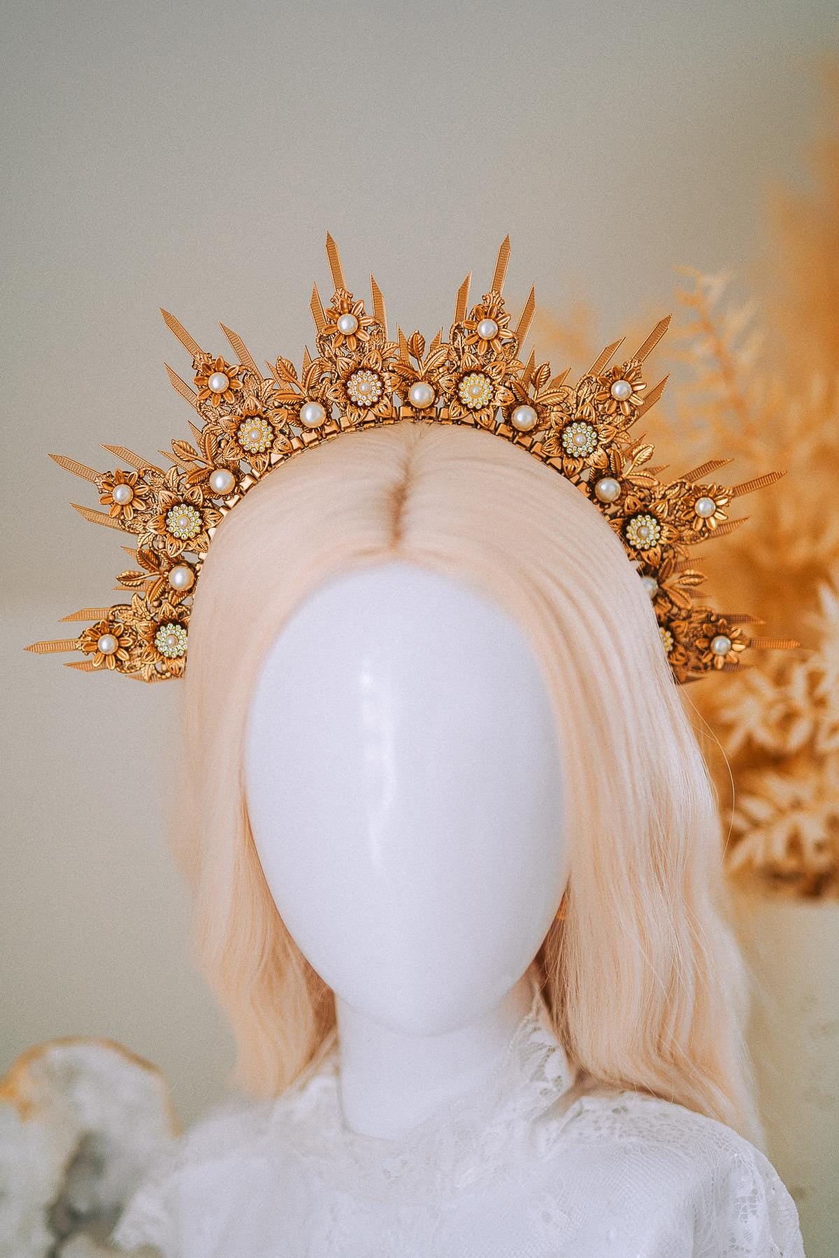Golden Floral Sun Halo Crown Bridal Headpiece