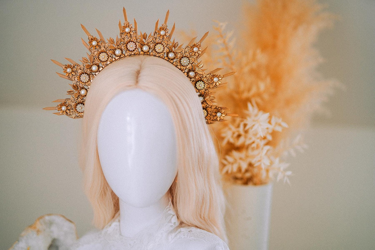 Golden Floral Sun Halo Crown Bridal Headpiece