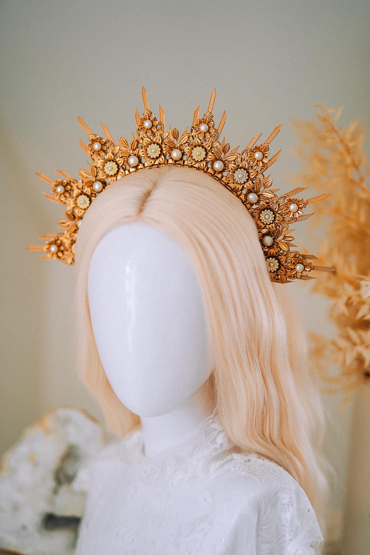 Golden Floral Sun Halo Crown Bridal Headpiece