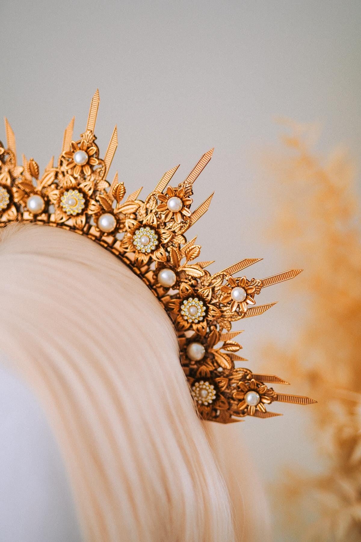 Golden Floral Sun Halo Crown Bridal Headpiece