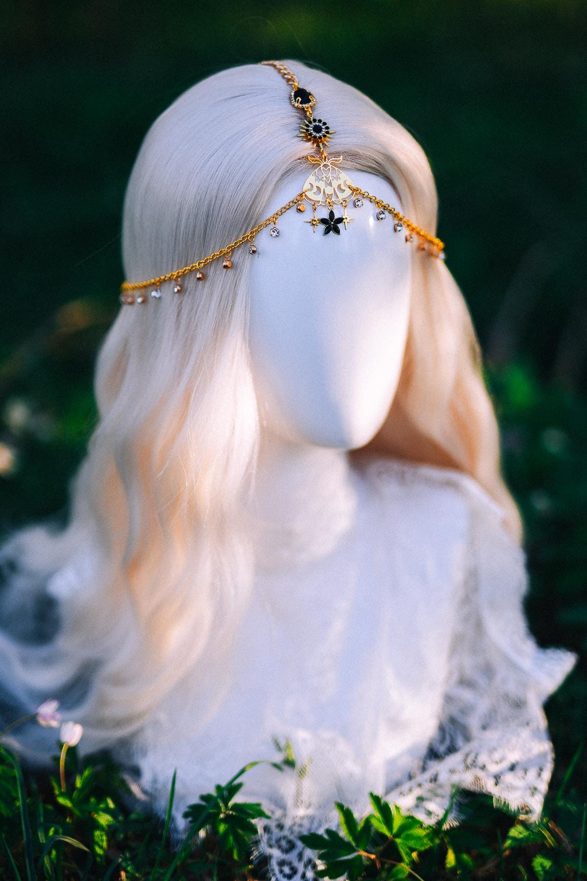 Gold Celestial Head Chain Bridal Headpiece Black Gem Hair Jewelry Goddess Crown