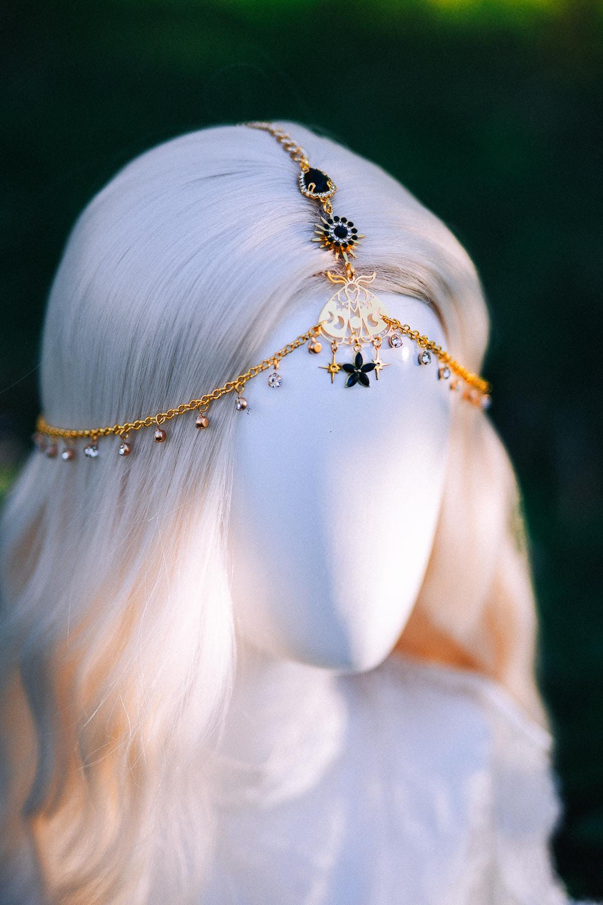 Gold Celestial Head Chain Bridal Headpiece Black Gem Hair Jewelry Goddess Crown