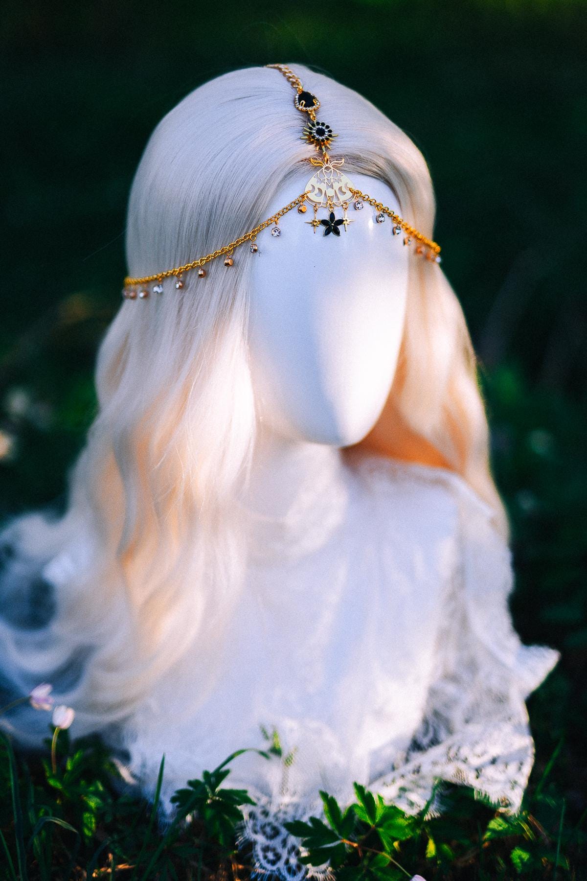 Gold Celestial Head Chain Bridal Headpiece Black Gem Hair Jewelry Goddess Crown