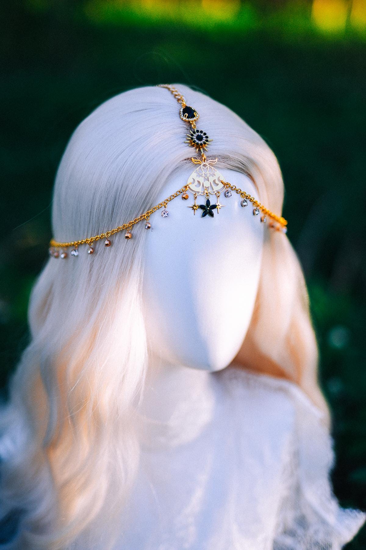 Gold Celestial Head Chain Bridal Headpiece Black Gem Hair Jewelry Goddess Crown