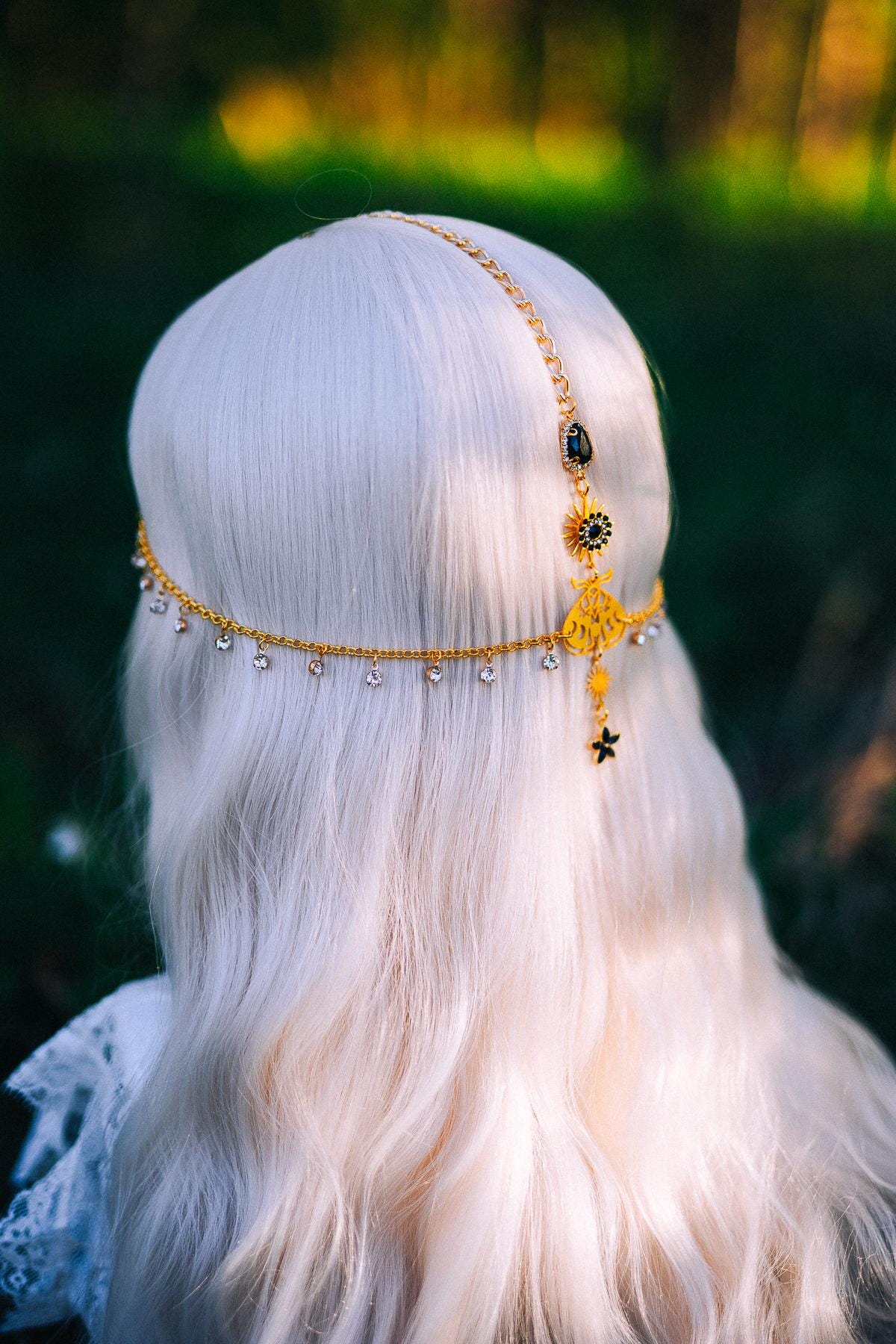 Gold Celestial Head Chain Bridal Headpiece Black Gem Hair Jewelry Goddess Crown