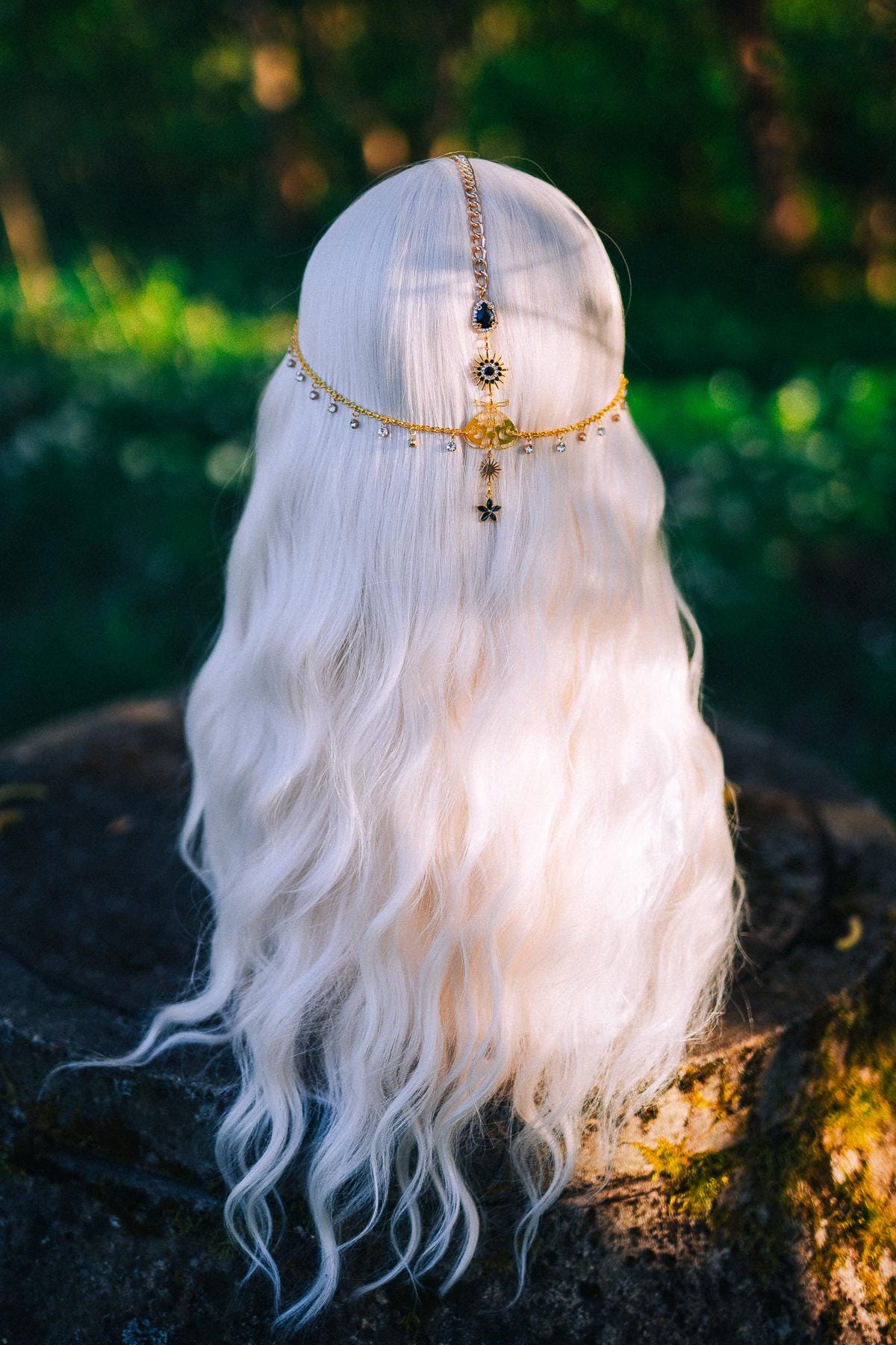 Gold Celestial Head Chain Bridal Headpiece Black Gem Hair Jewelry Goddess Crown