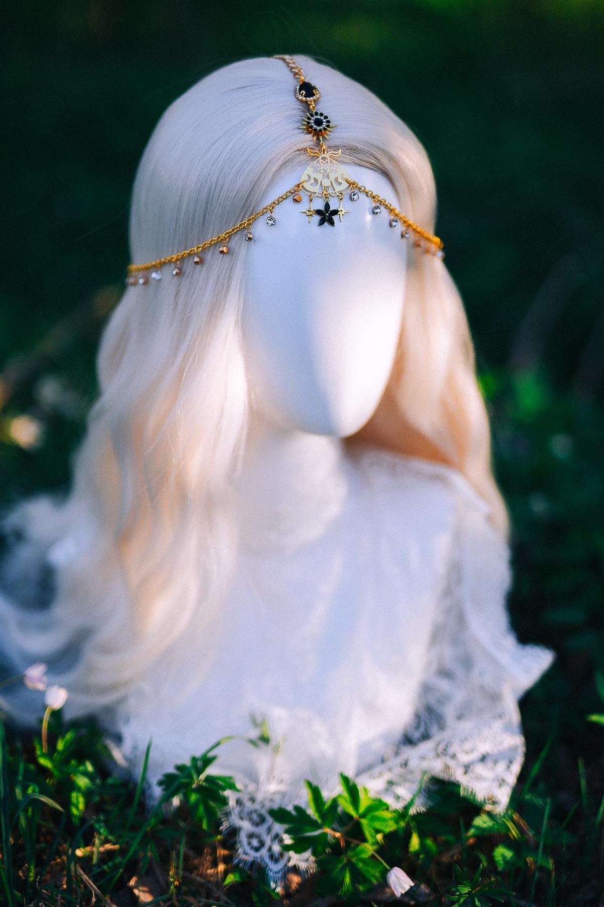 Gold Celestial Head Chain Bridal Headpiece Black Gem Hair Jewelry Goddess Crown