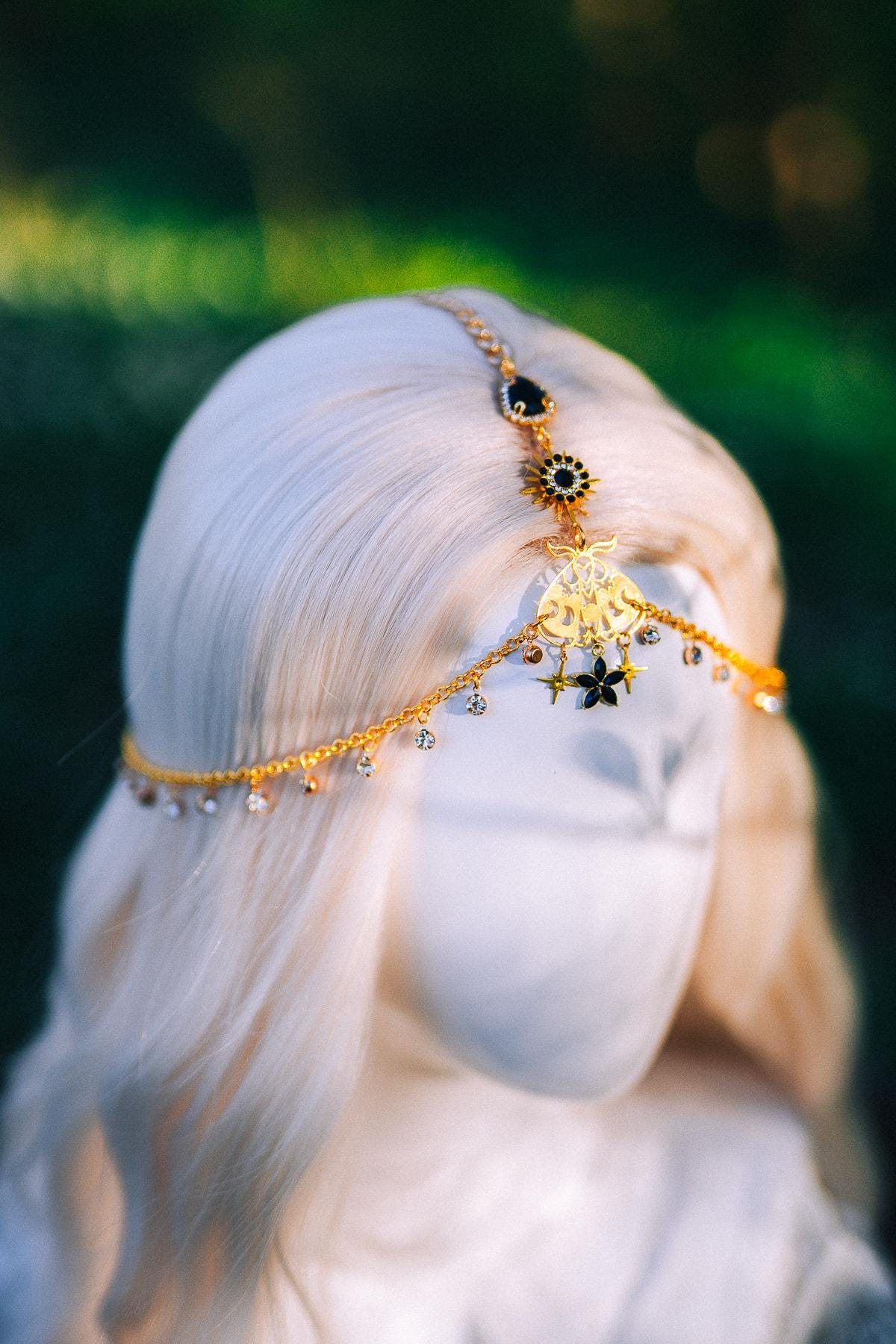 Gold Celestial Head Chain Bridal Headpiece Black Gem Hair Jewelry Goddess Crown