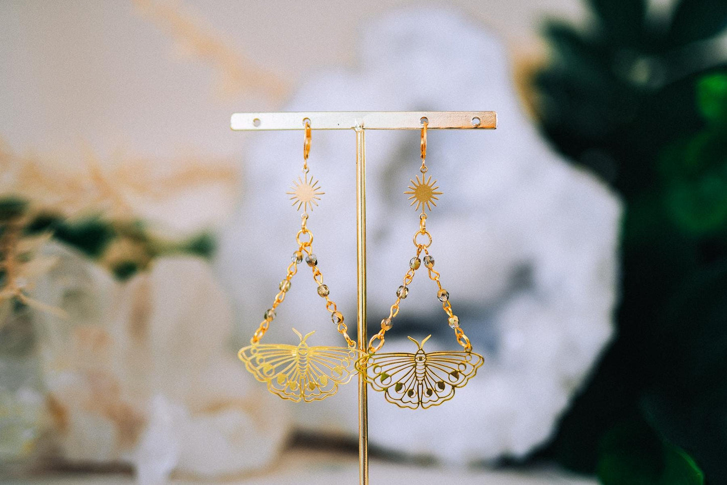 Golden Butterfly Drop Earrings Sunburst Crystal Chains Celestial Boho Jewelry