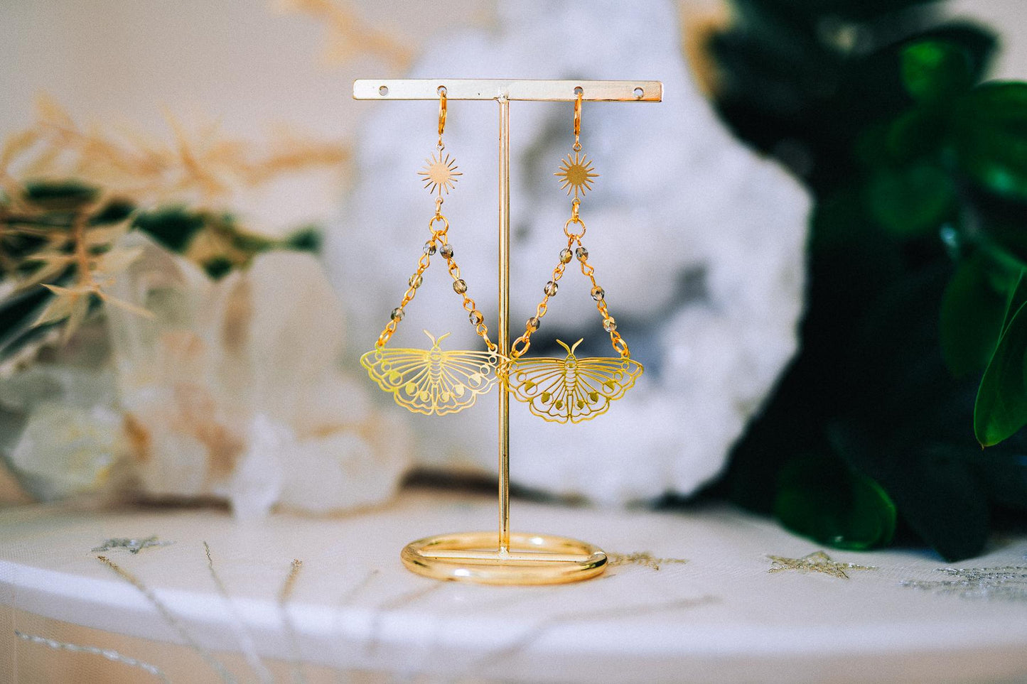 Golden Butterfly Drop Earrings Sunburst Crystal Chains Celestial Boho Jewelry