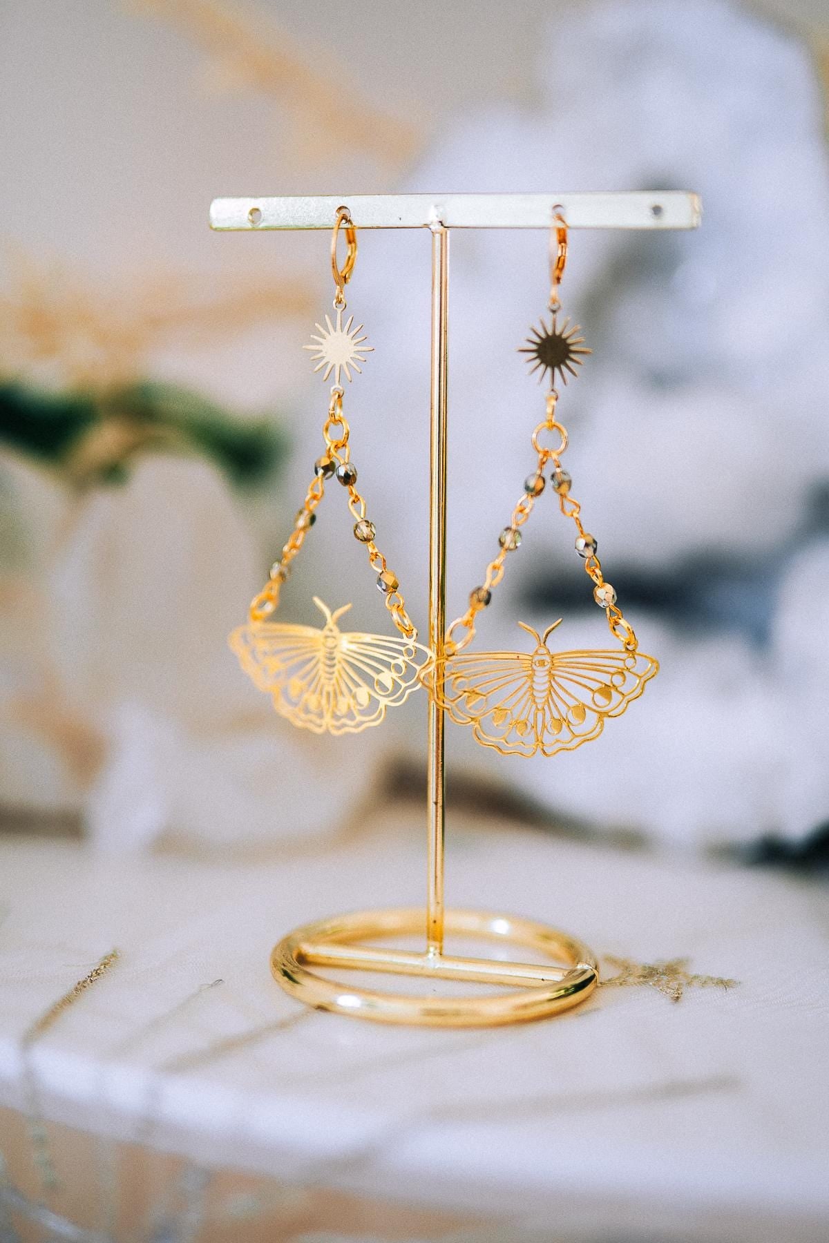 Golden Butterfly Drop Earrings Sunburst Crystal Chains Celestial Boho Jewelry