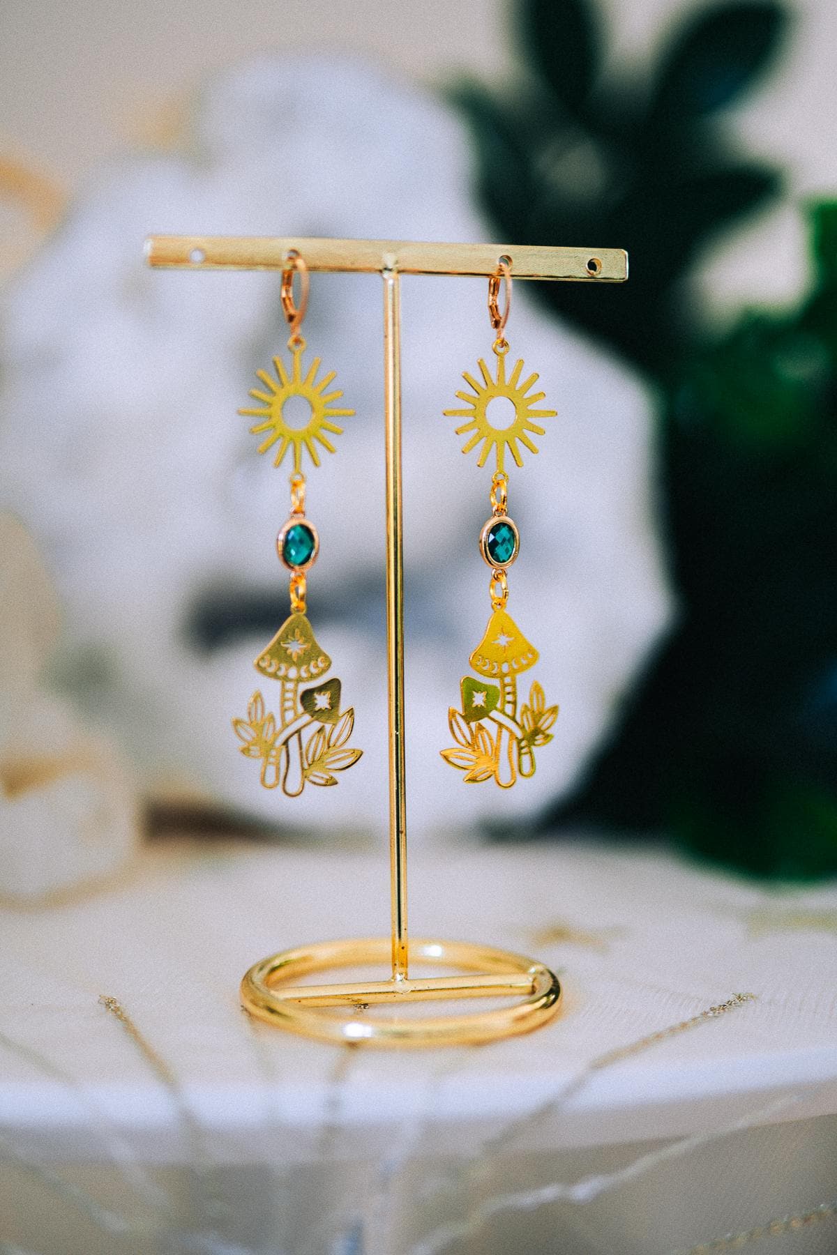 Golden Sun Mushroom Earrings Emerald Crystal Celestial Boho Jewelry