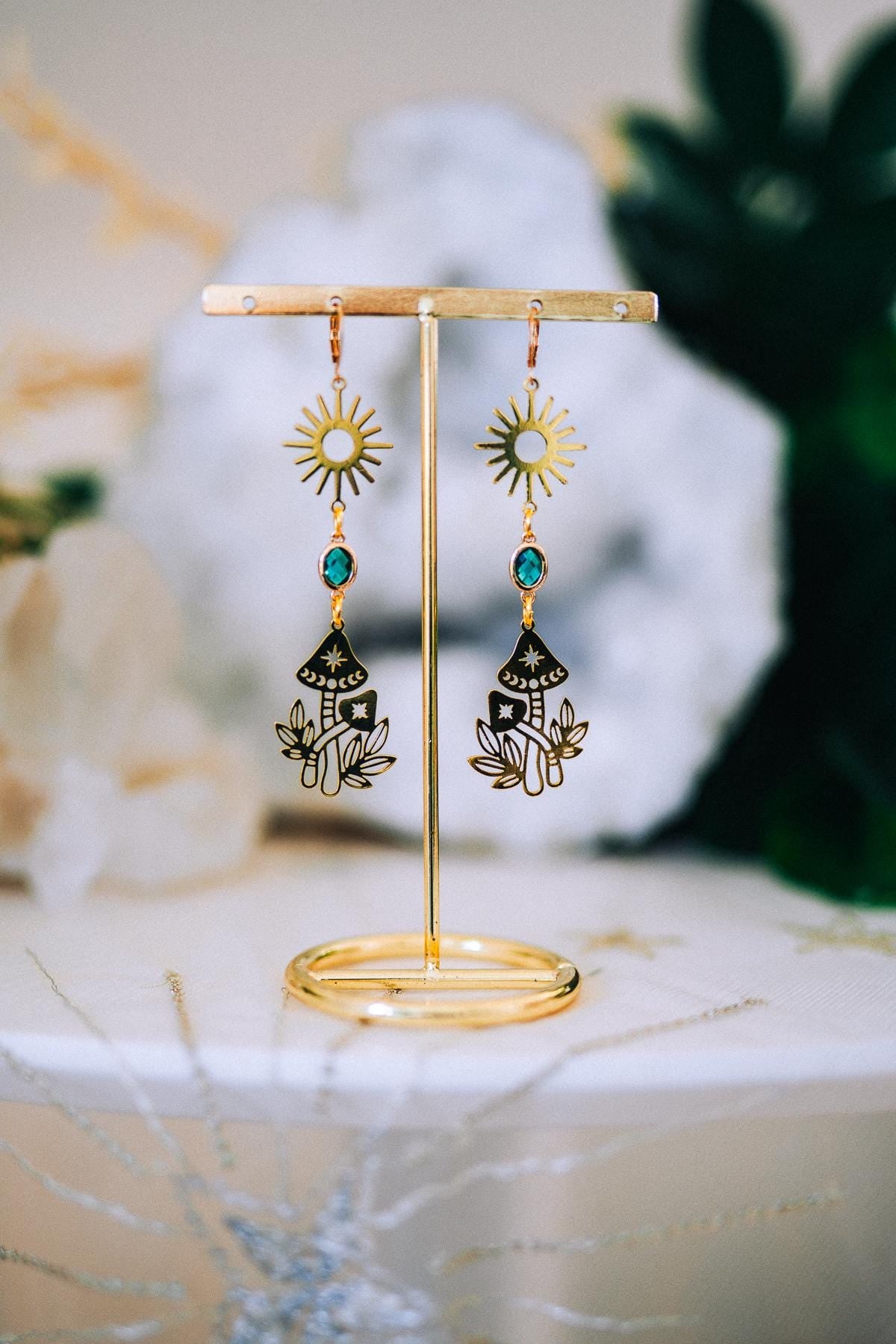 Golden Sun Mushroom Earrings Emerald Crystal Celestial Boho Jewelry