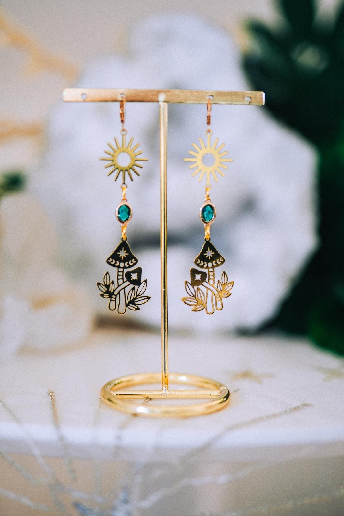 Golden Sun Mushroom Earrings Emerald Crystal Celestial Boho Jewelry