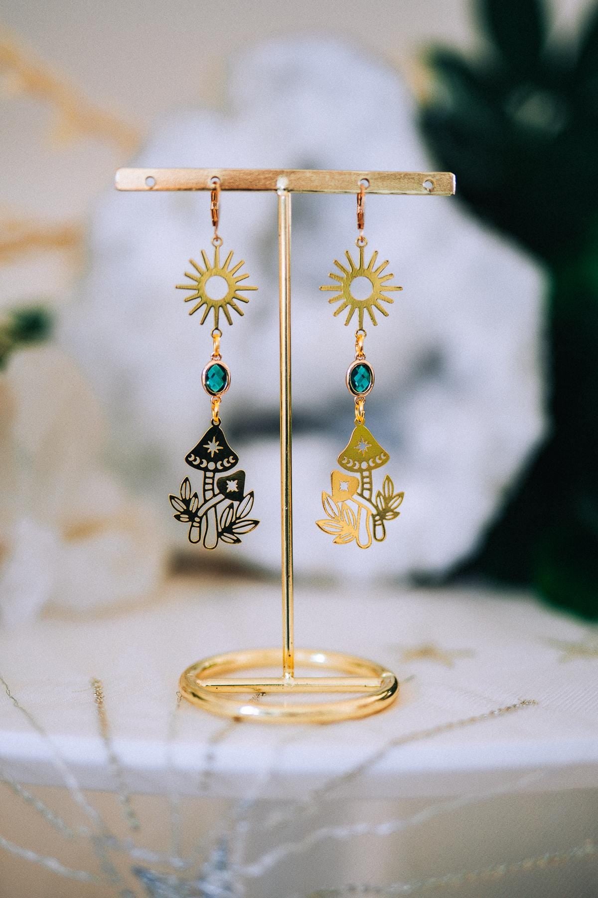 Golden Sun Mushroom Earrings Emerald Crystal Celestial Boho Jewelry