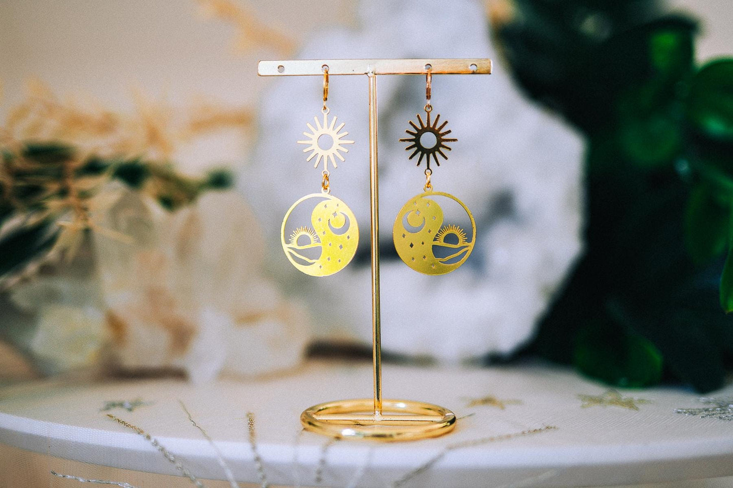 Golden Sun Moon Earrings Celestial Yin Yang Jewelry Boho Drop Earrings