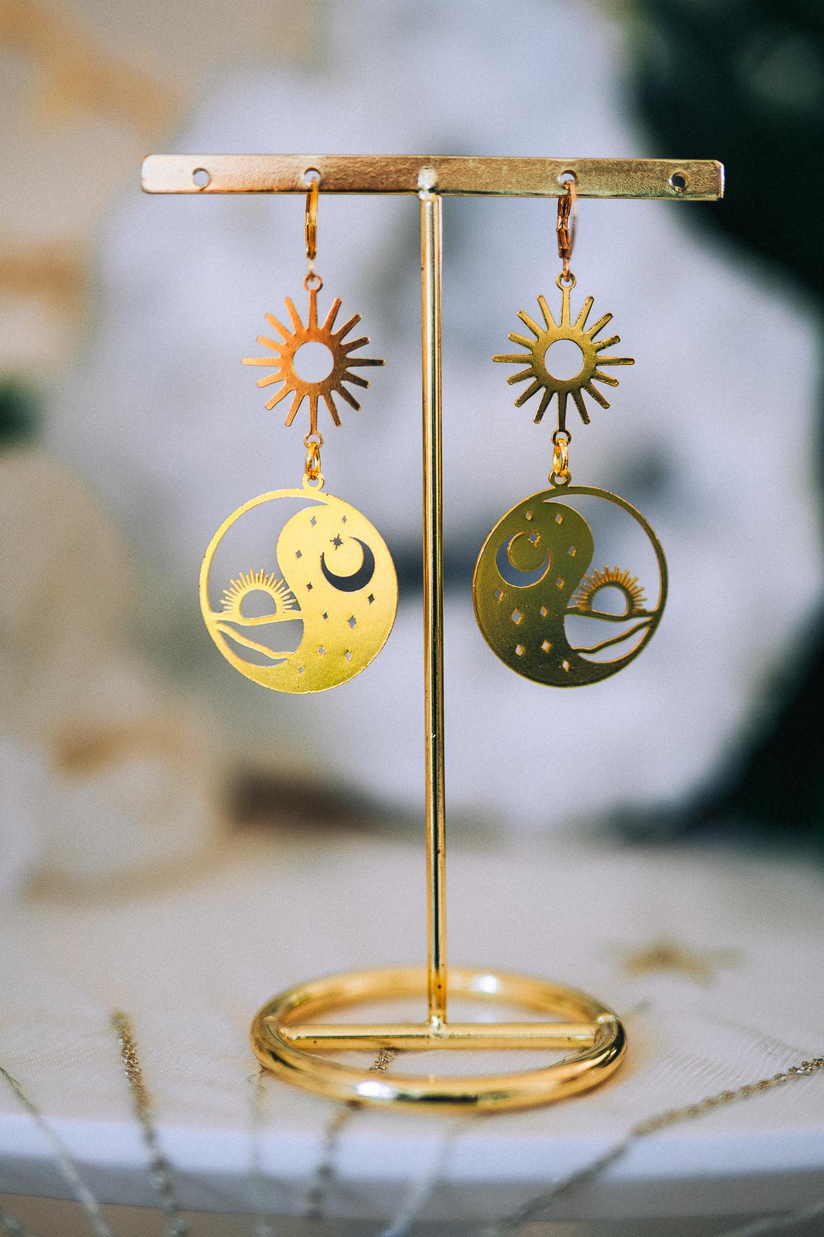 Golden Sun Moon Earrings Celestial Yin Yang Jewelry Boho Drop Earrings