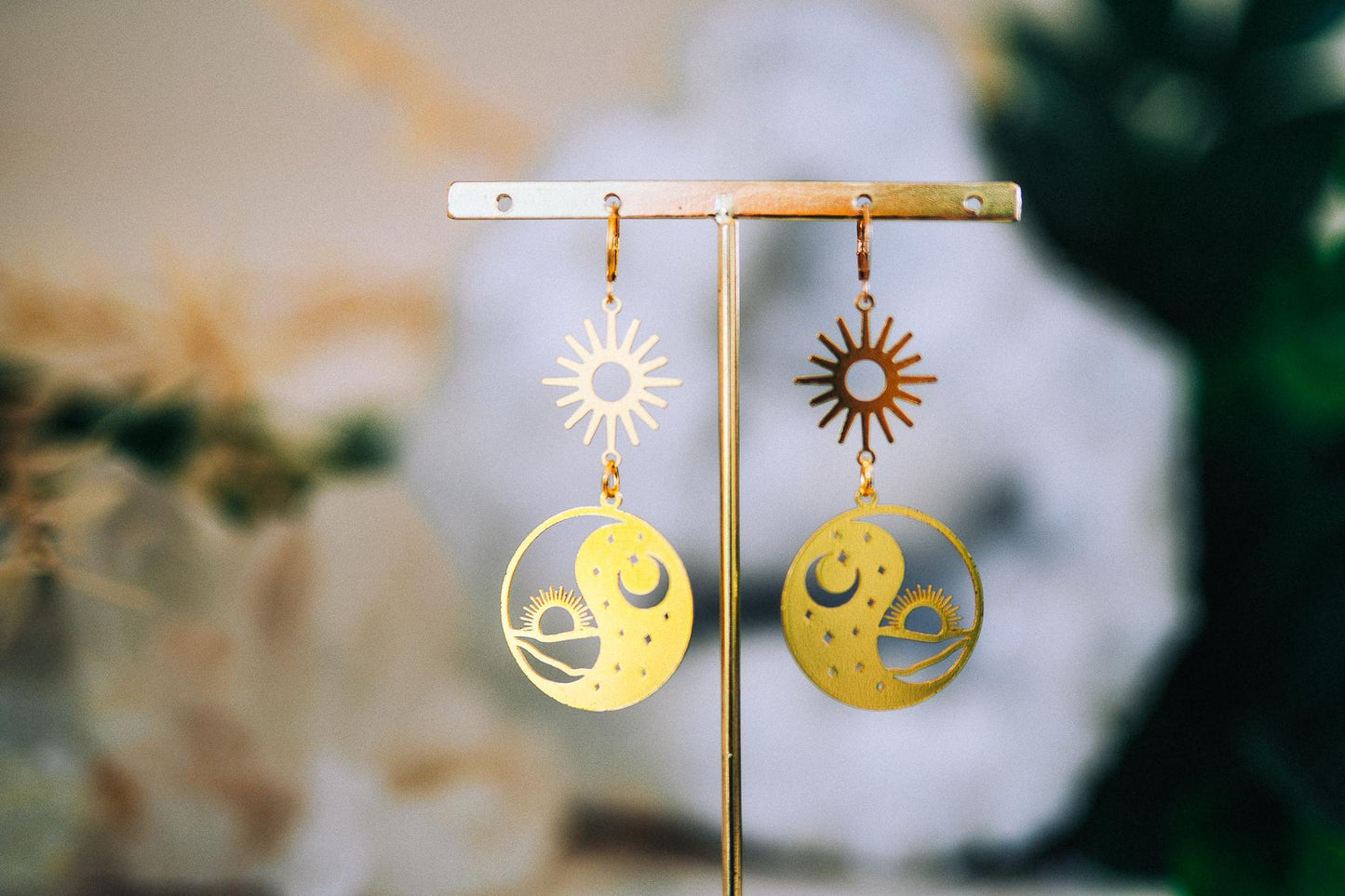 Golden Sun Moon Earrings Celestial Yin Yang Jewelry Boho Drop Earrings