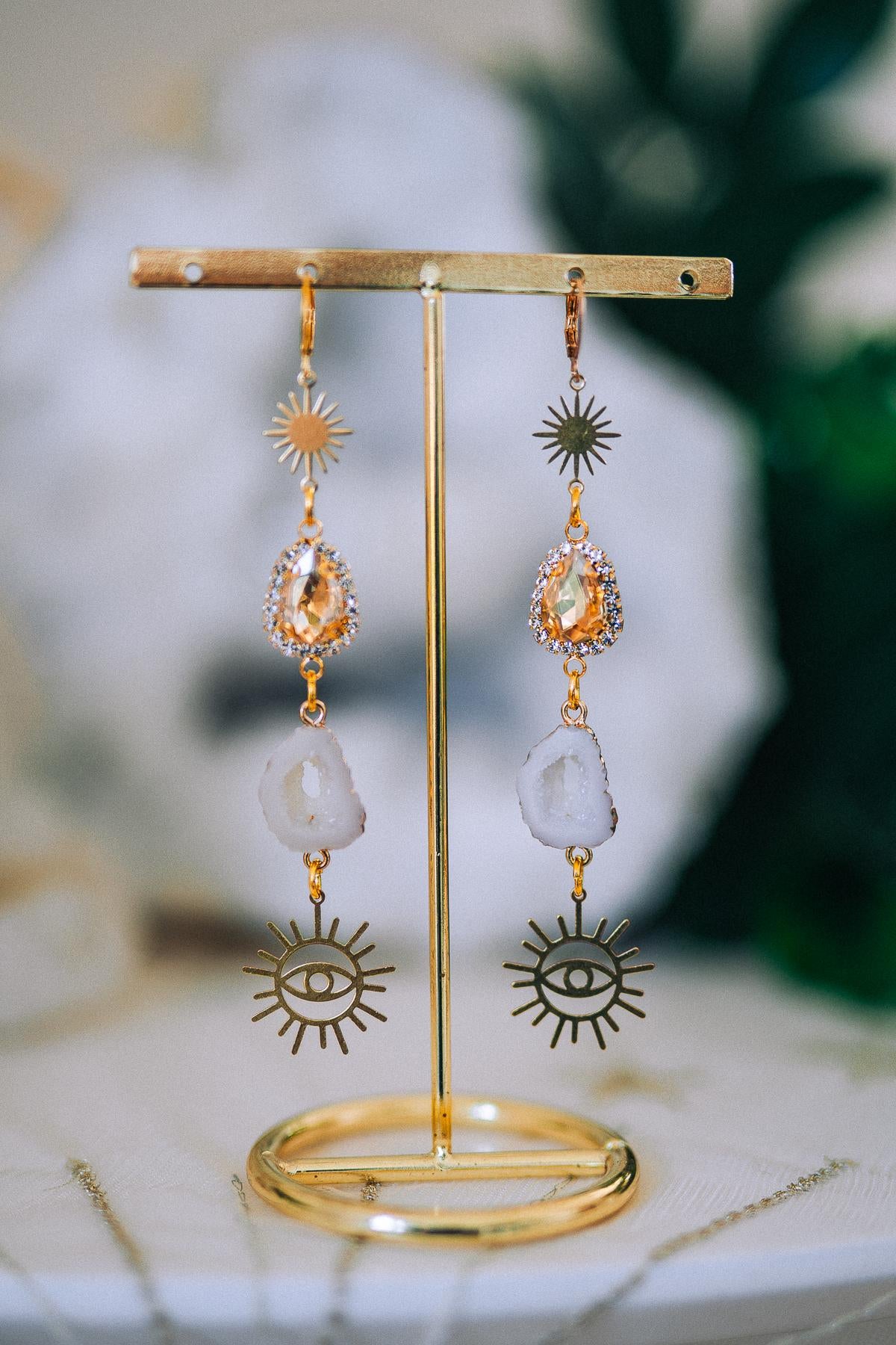 Golden Sun Eye Earrings Crystal Druzy Drop Celestial Goddess Jewelry