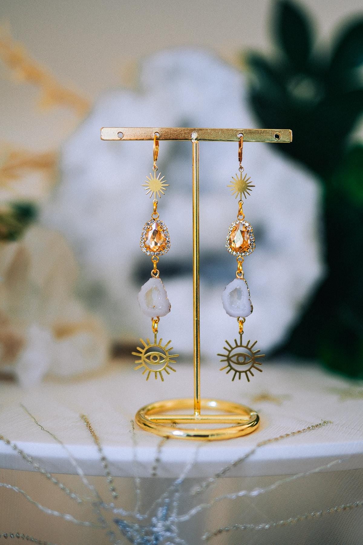 Golden Sun Eye Earrings Crystal Druzy Drop Celestial Goddess Jewelry