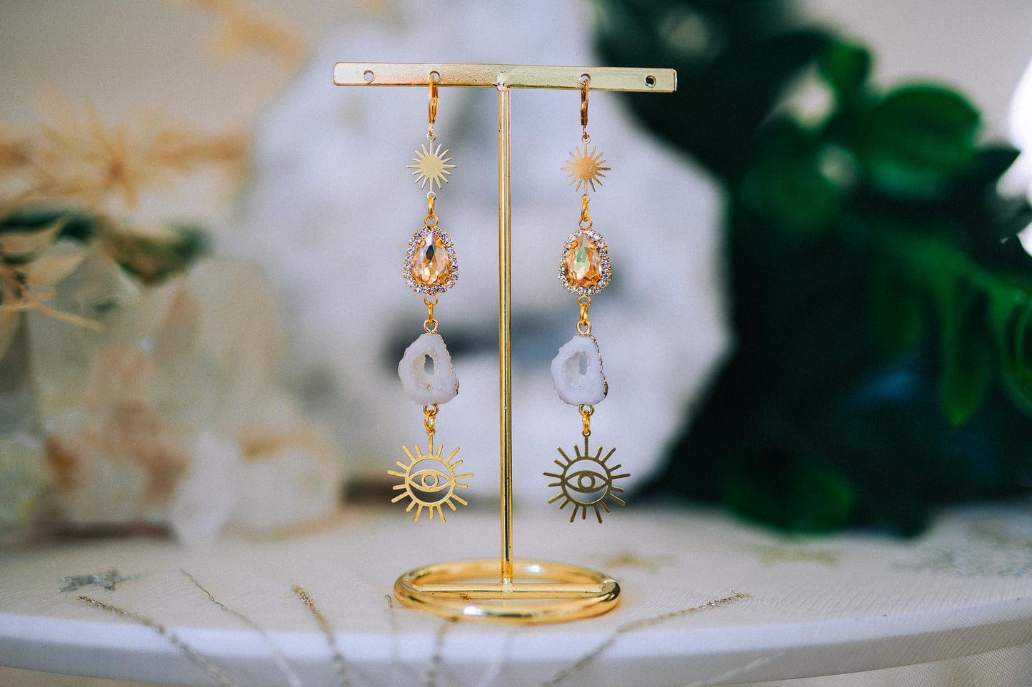 Golden Sun Eye Earrings Crystal Druzy Drop Celestial Goddess Jewelry