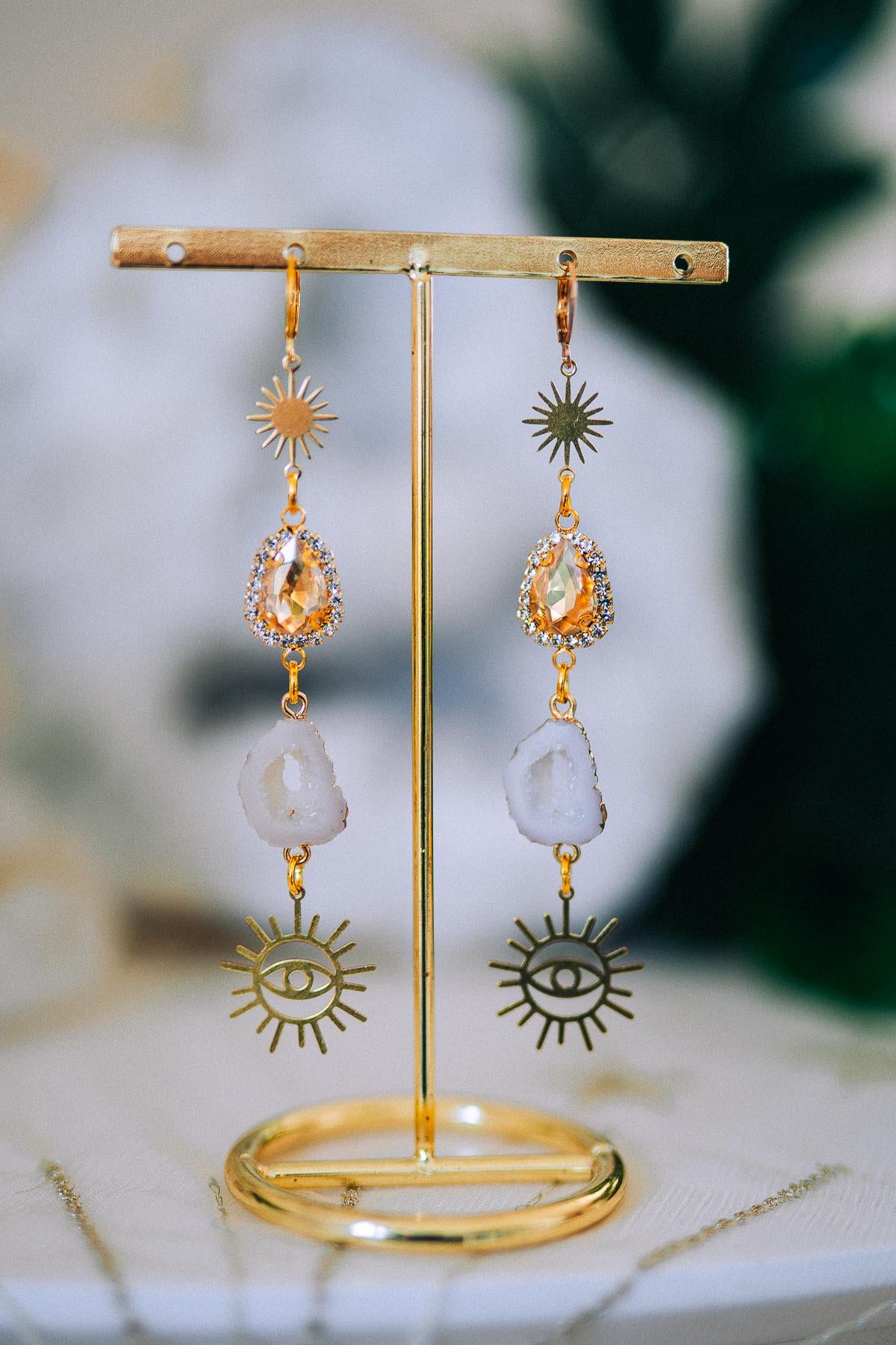 Golden Sun Eye Earrings Crystal Druzy Drop Celestial Goddess Jewelry