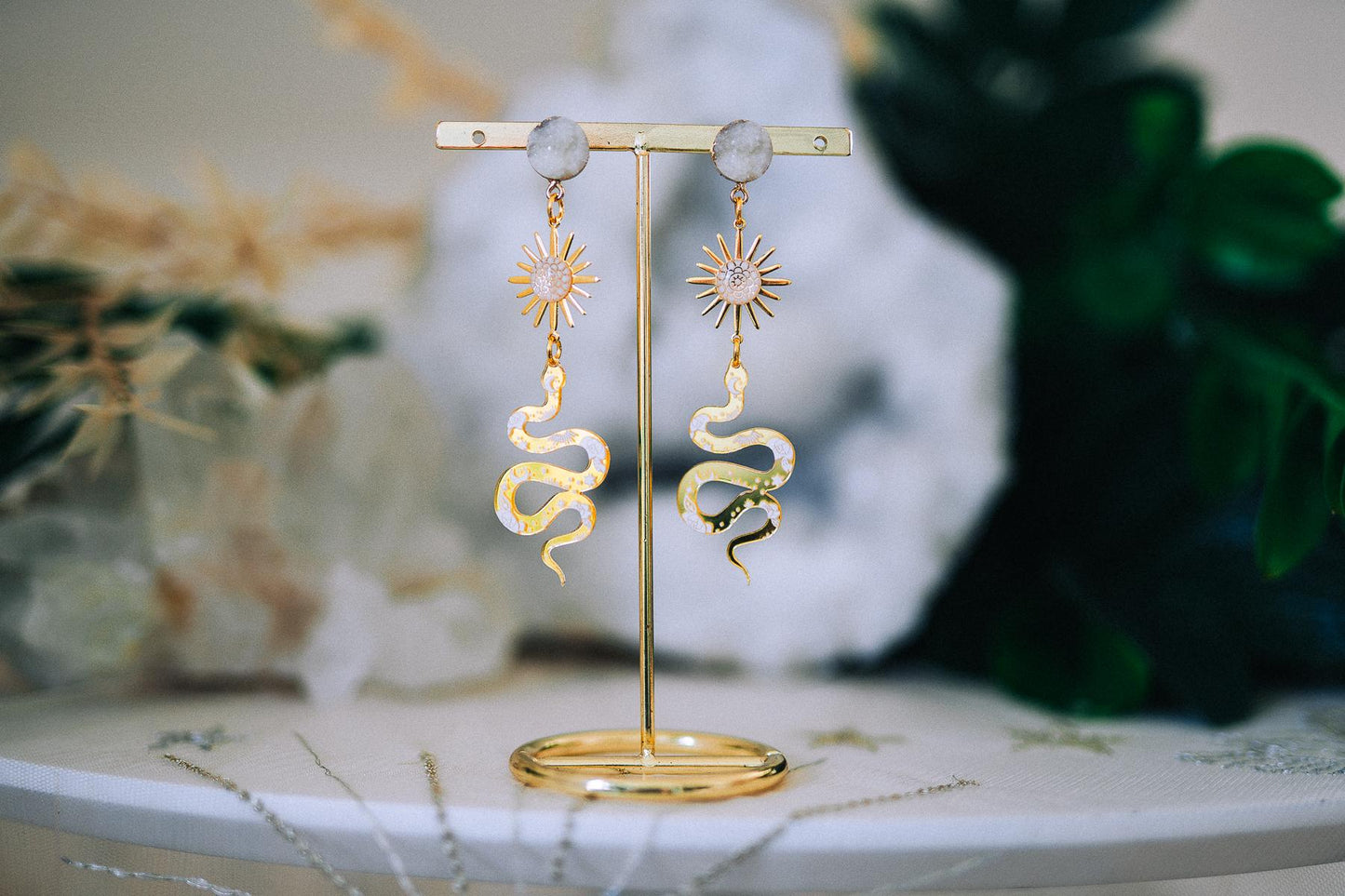 Golden Snake Earrings Sun Symbol Celestial Boho Drop Jewelry