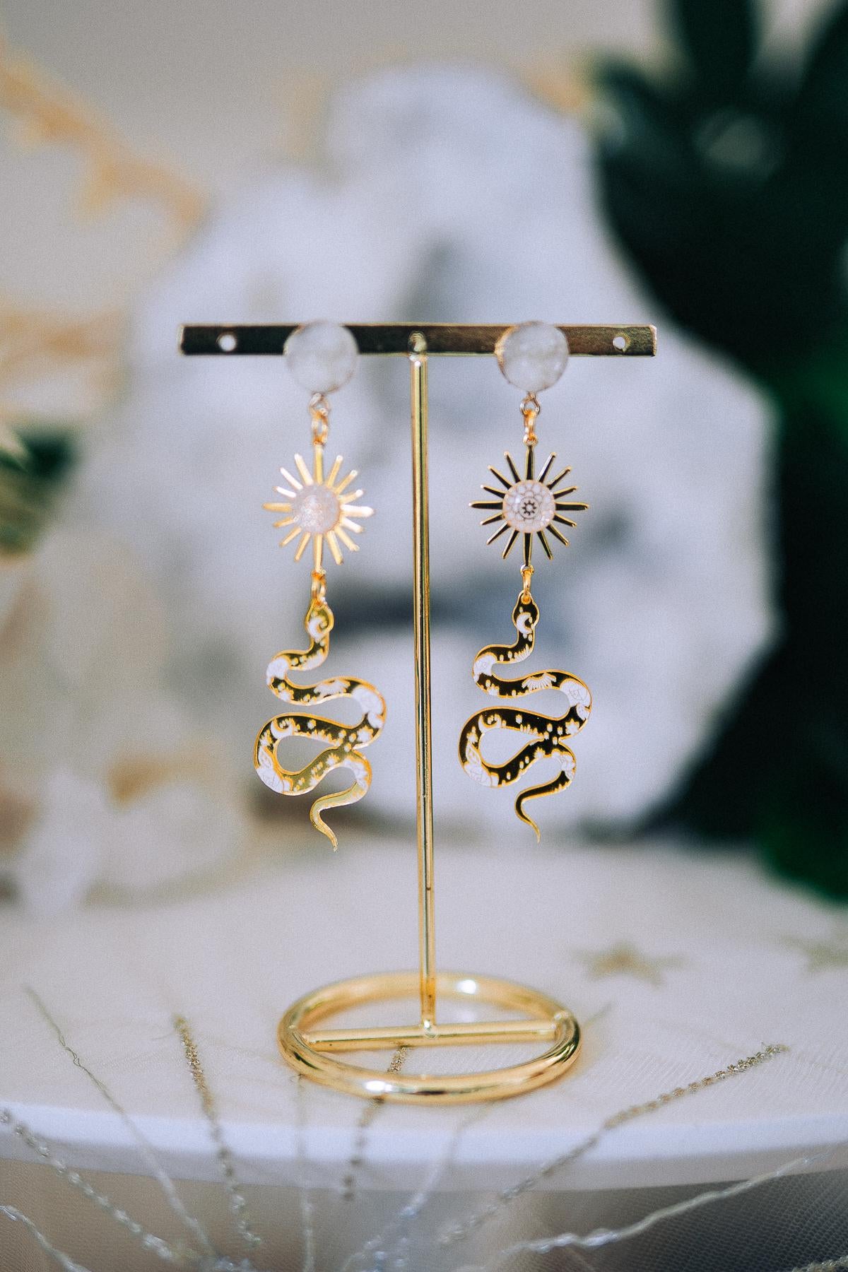 Golden Snake Earrings Sun Symbol Celestial Boho Drop Jewelry