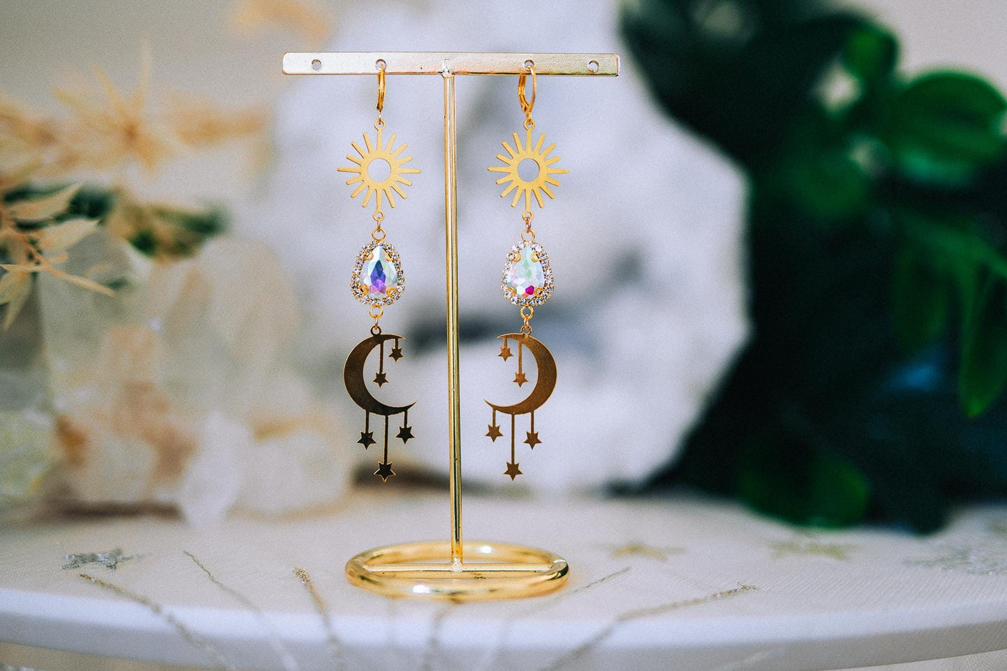 Golden Sun Moon Earrings Aurora Crystal Celestial Drop Jewelry
