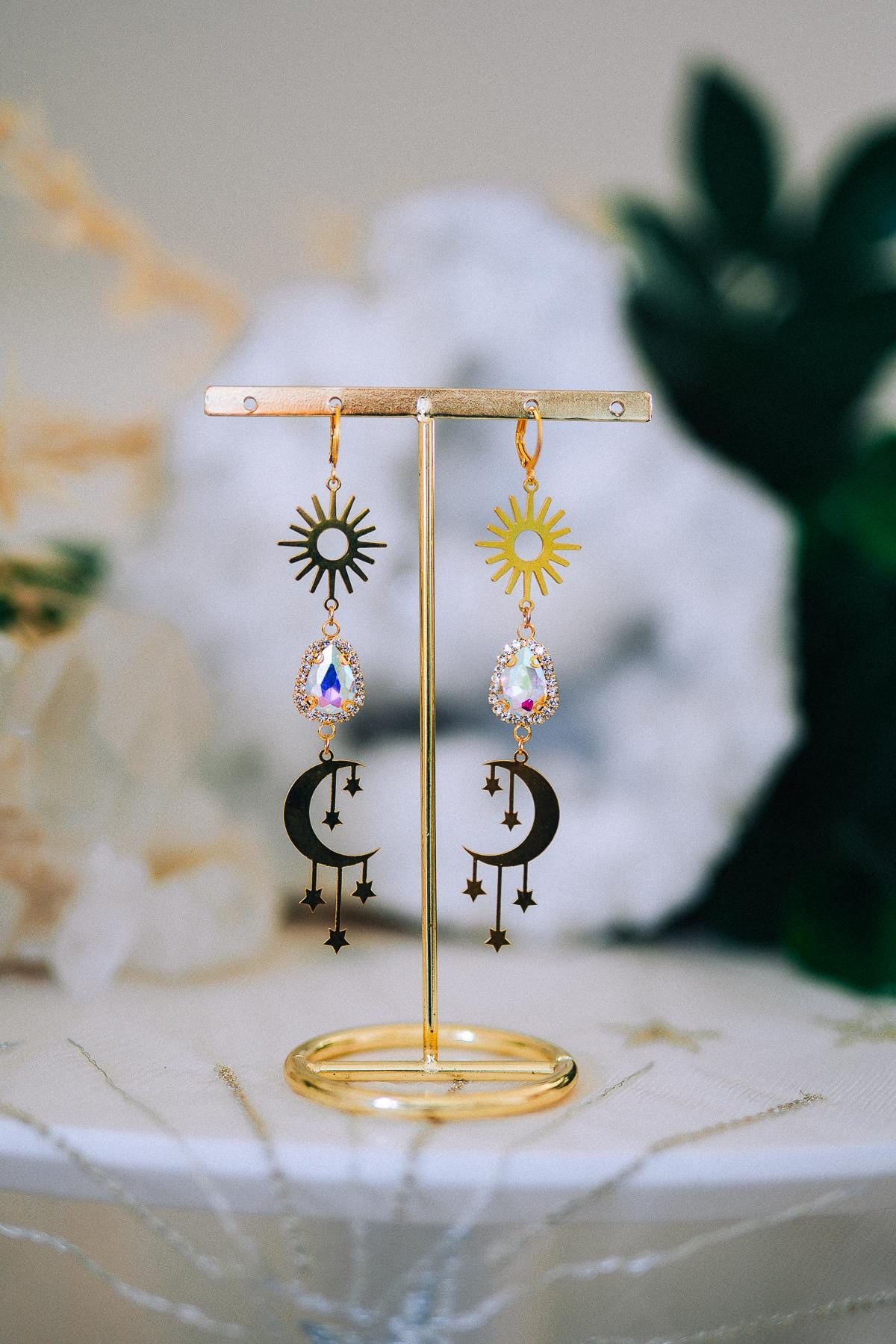 Golden Sun Moon Earrings Aurora Crystal Celestial Drop Jewelry