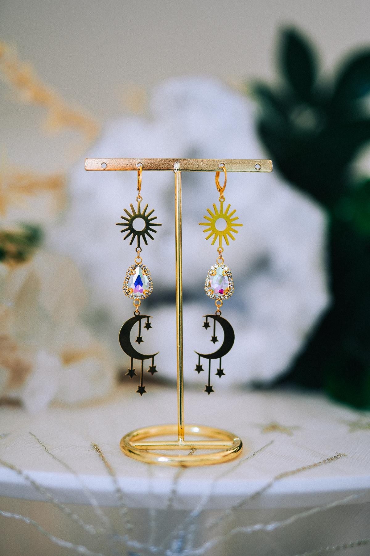 Golden Sun Moon Earrings Aurora Crystal Celestial Drop Jewelry