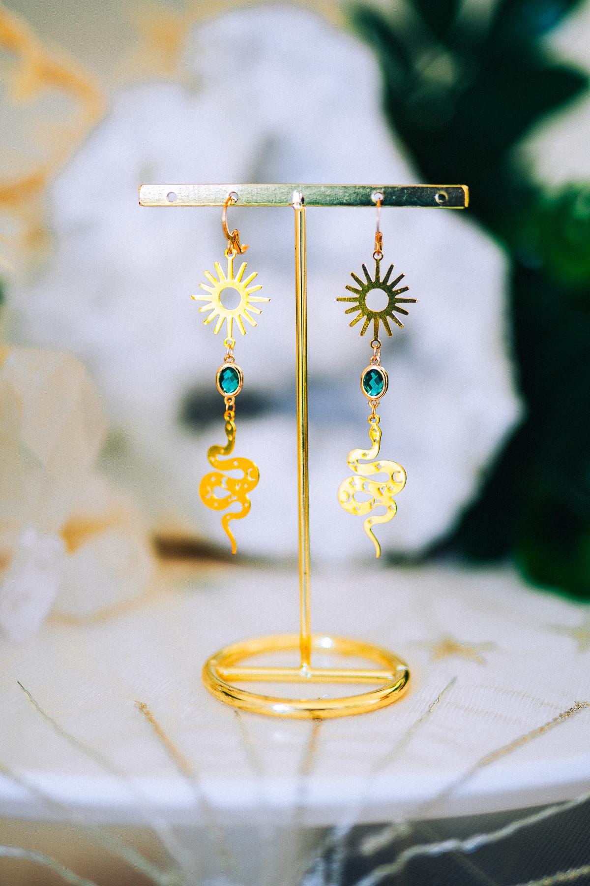 Golden Snake Earrings Emerald Crystal Sun Celestial Drop Jewelry