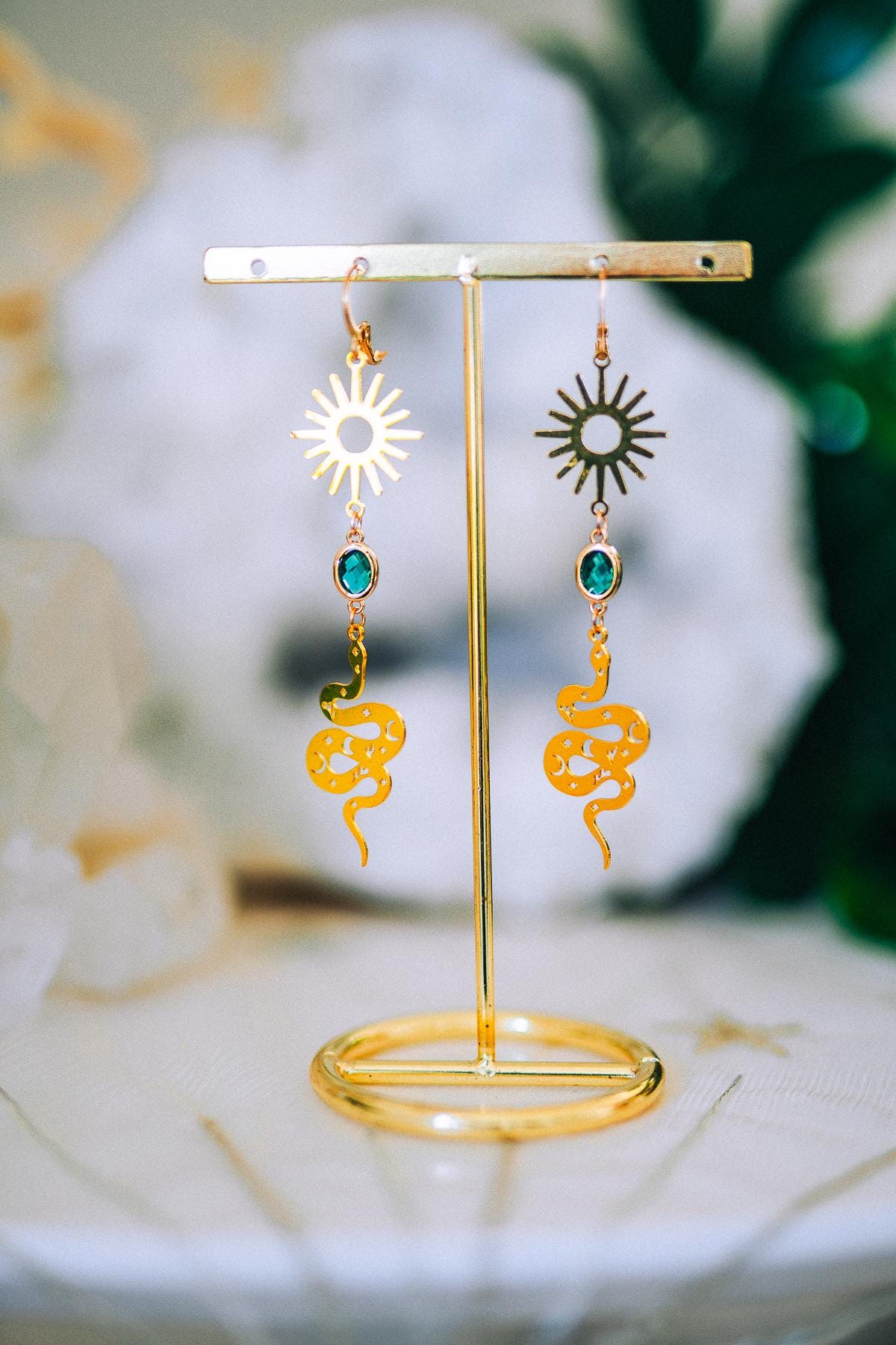 Golden Snake Earrings Emerald Crystal Sun Celestial Drop Jewelry