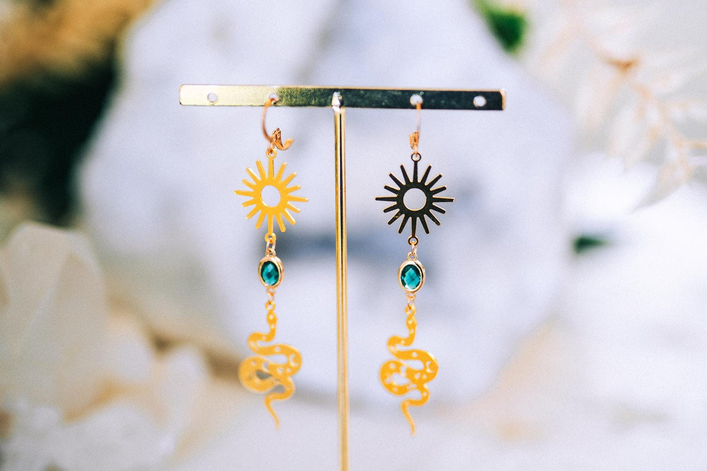 Golden Snake Earrings Emerald Crystal Sun Celestial Drop Jewelry