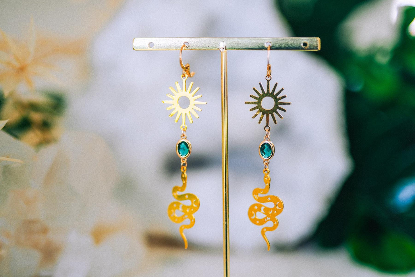 Golden Snake Earrings Emerald Crystal Sun Celestial Drop Jewelry