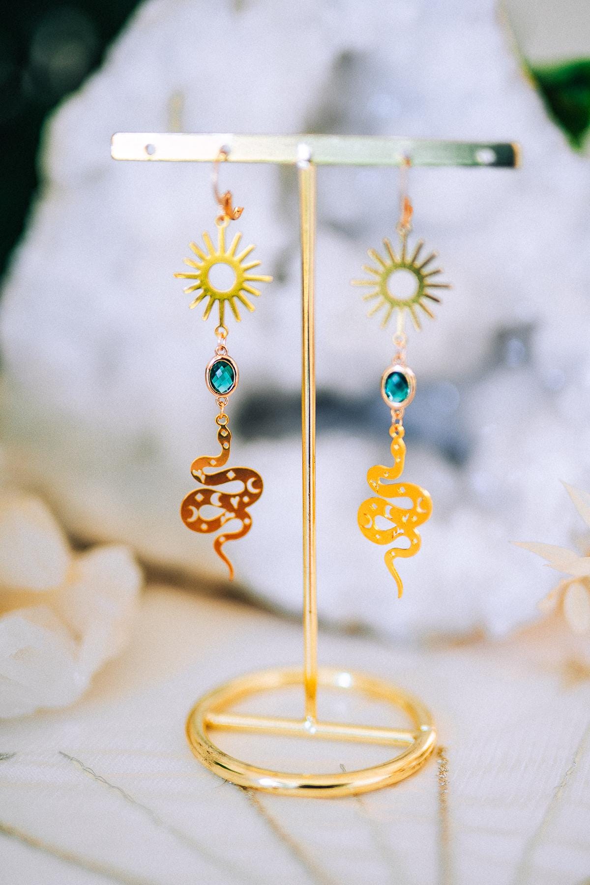 Golden Snake Earrings Emerald Crystal Sun Celestial Drop Jewelry