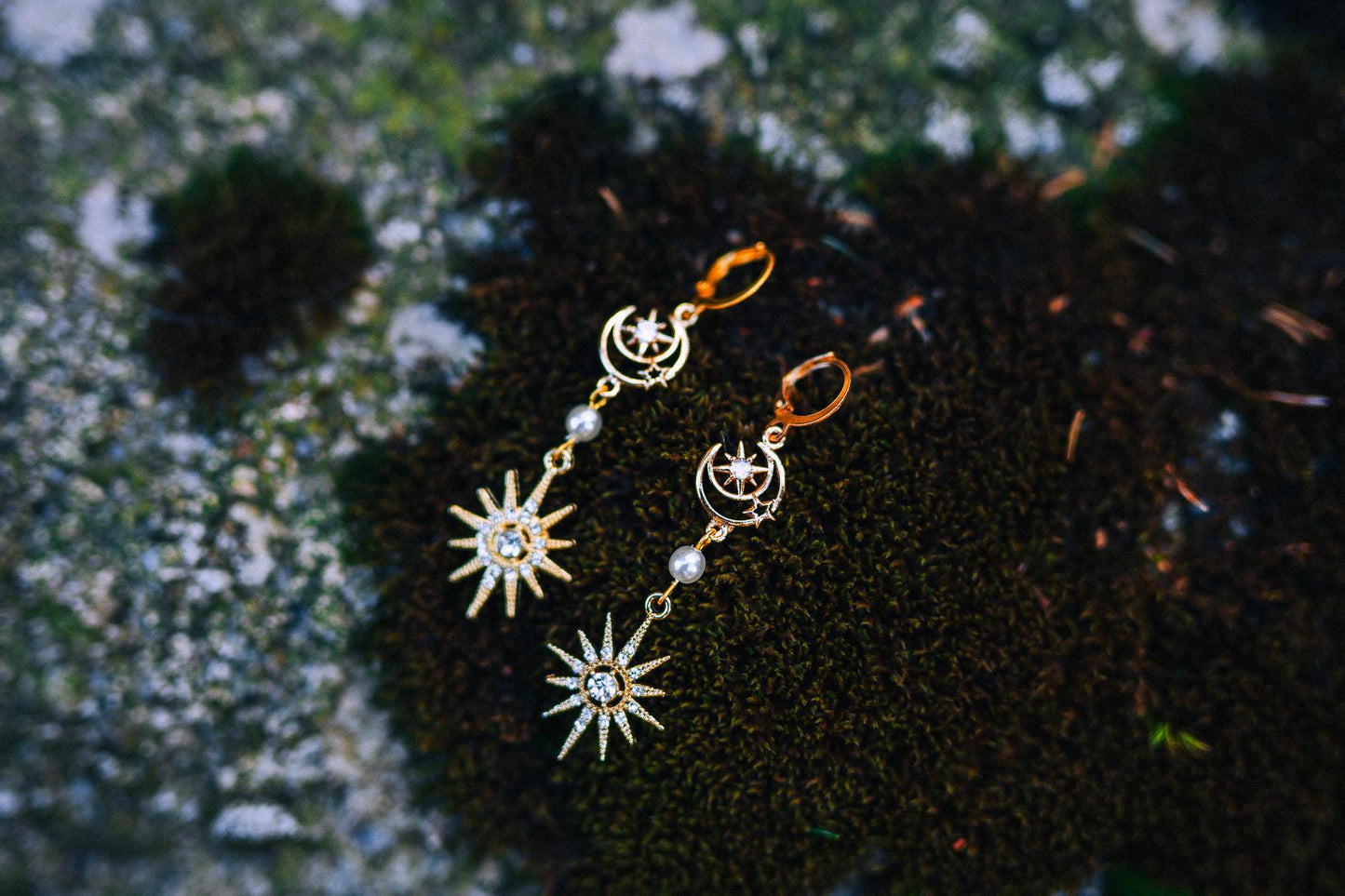 Celestial Gold Earrings Moonchild Bridal Earrings Star Pearl Wedding Jewelry