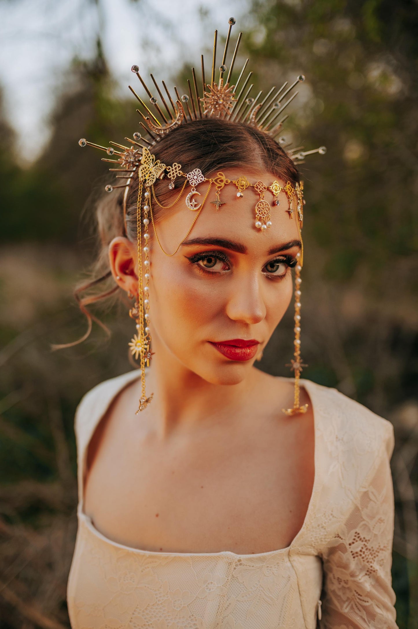 Celestial Halo Crown Gold Bridal Crown Moonchild Headpiece Star Pearl Goddess Crown