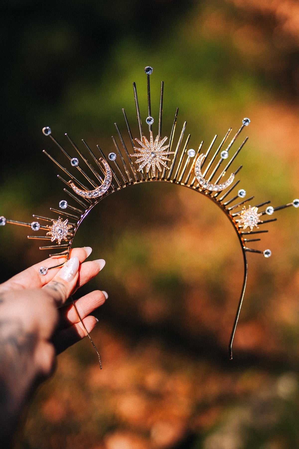 Celestial Halo Crown Gold Bridal Crown Moonchild Headpiece Star Pearl Goddess Crown