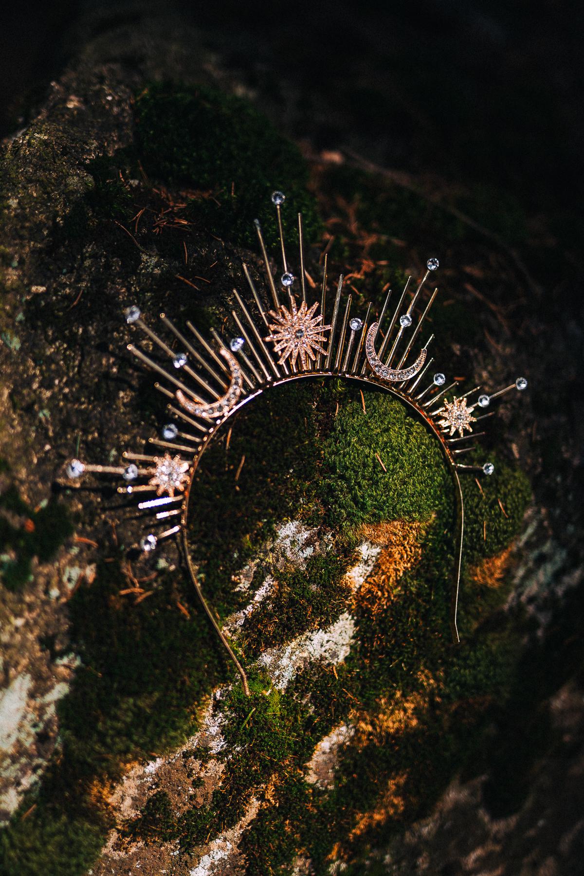 Celestial Halo Crown Gold Bridal Crown Moonchild Headpiece Star Pearl Goddess Crown