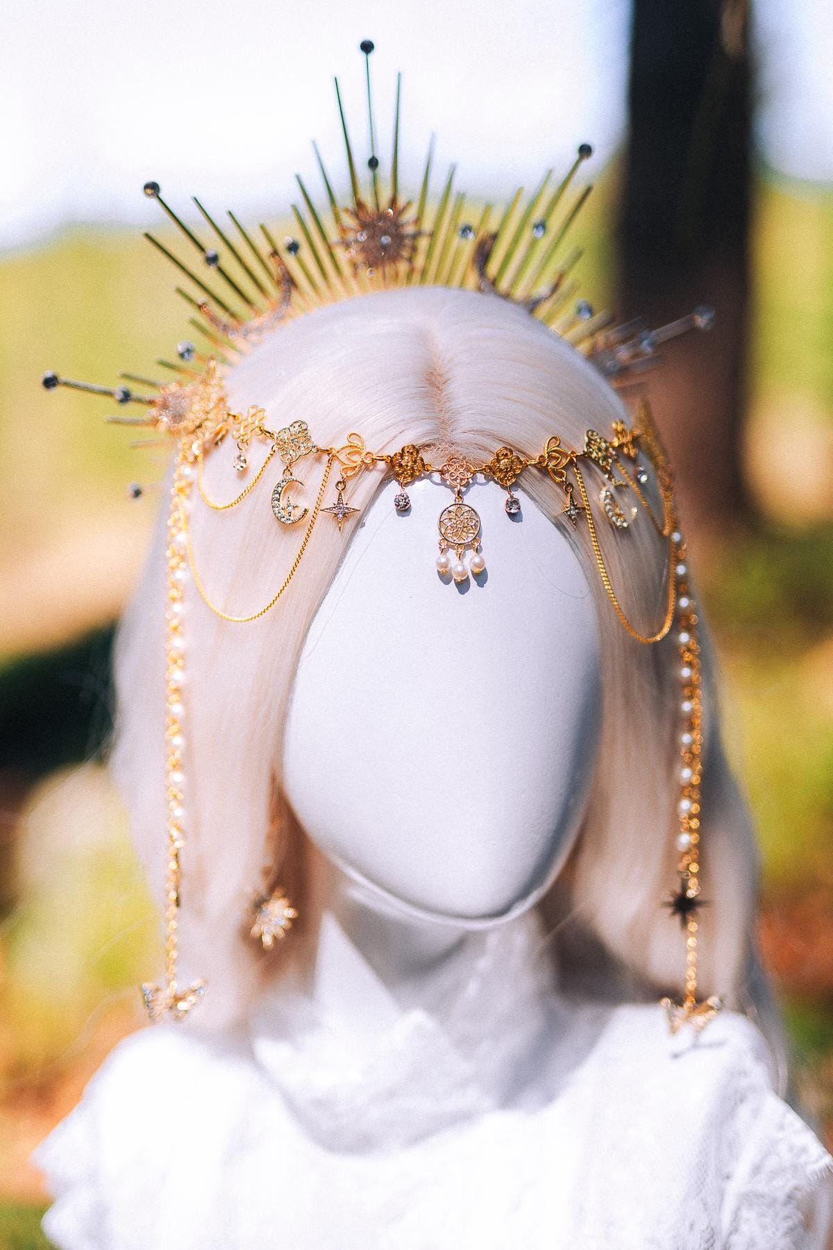 Celestial Halo Crown Gold Bridal Crown Moonchild Headpiece Star Pearl Goddess Crown