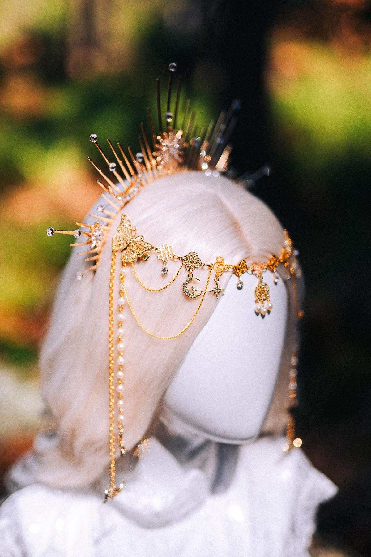 Celestial Halo Crown Gold Bridal Crown Moonchild Headpiece Star Pearl Goddess Crown