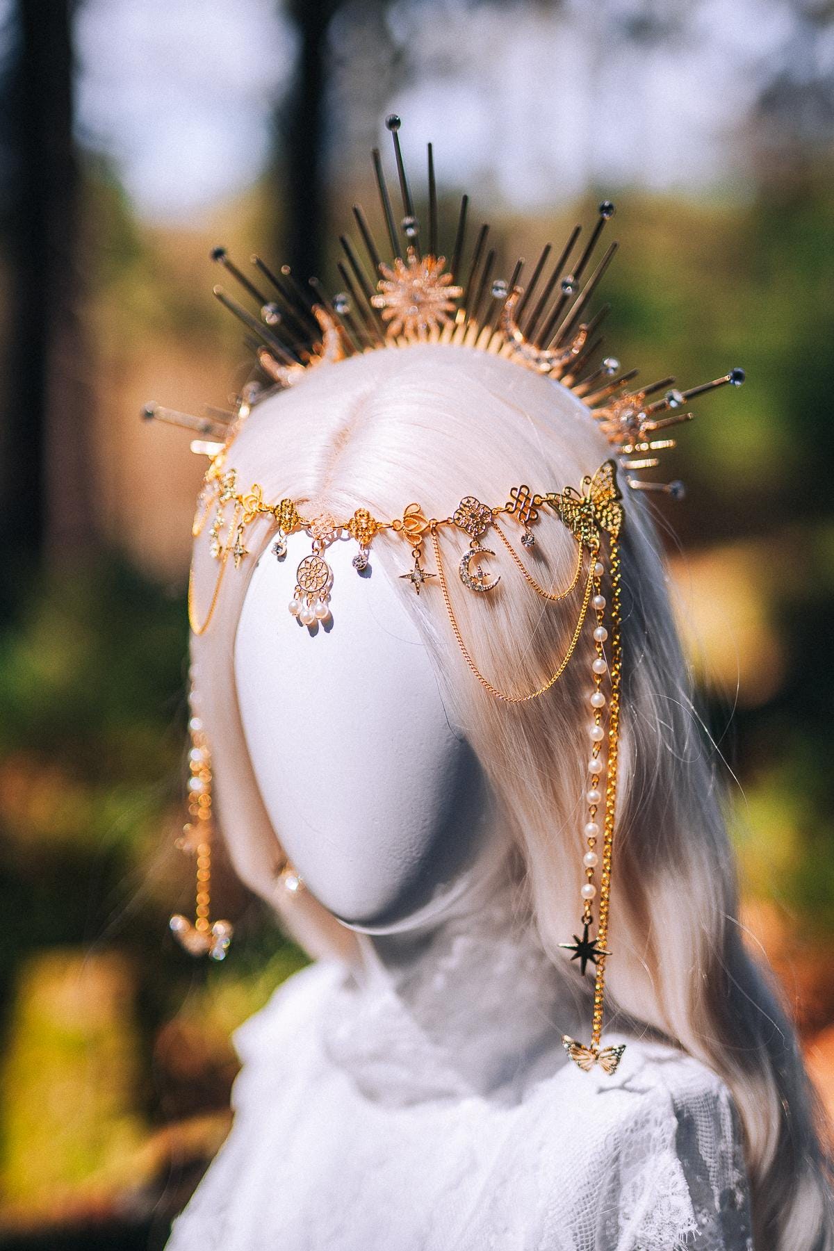 Celestial Halo Crown Gold Bridal Crown Moonchild Headpiece Star Pearl Goddess Crown