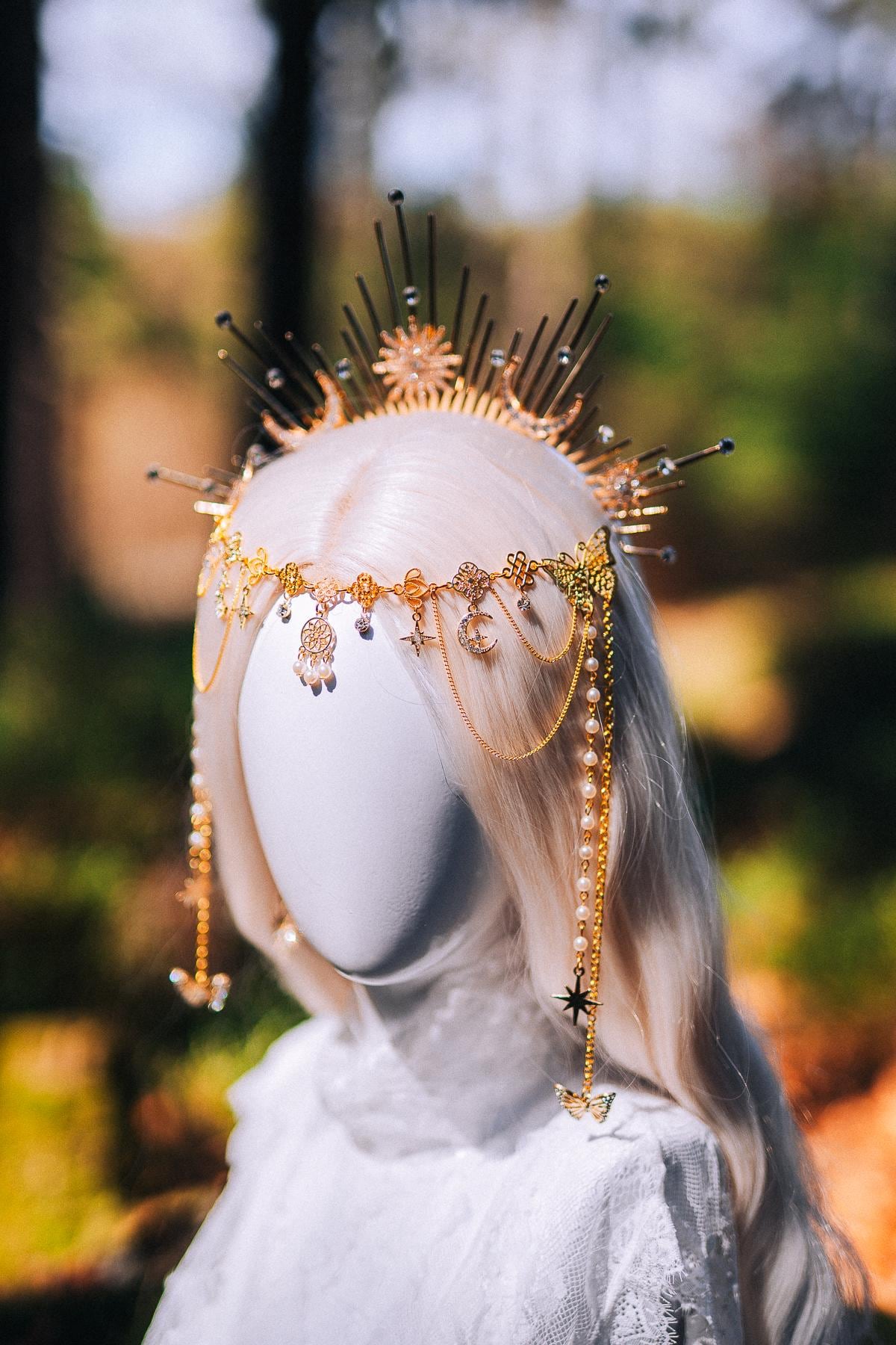 Celestial Halo Crown Gold Bridal Crown Moonchild Headpiece Star Pearl Goddess Crown