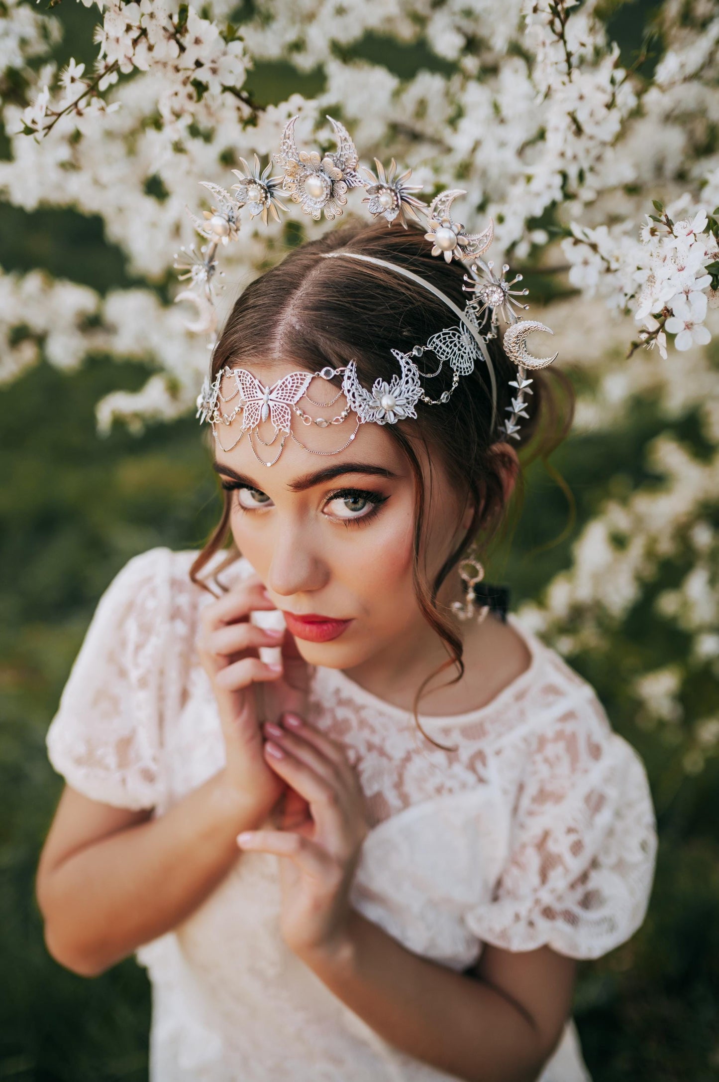 Silver Halo Crown Boho Bridal Crown Butterfly Wedding Headpiece Festival Bride