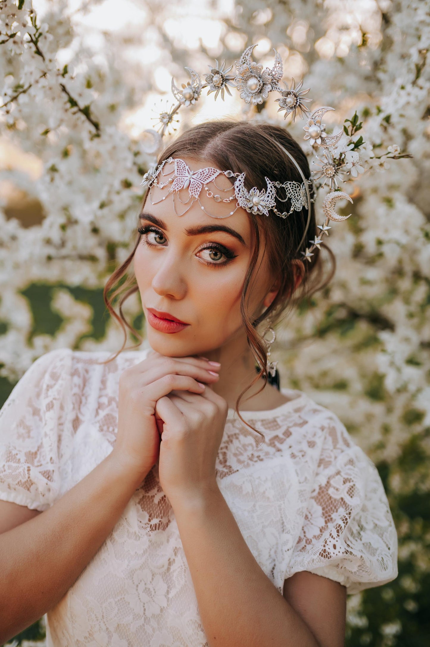 Silver Halo Crown Boho Bridal Crown Butterfly Wedding Headpiece Festival Bride