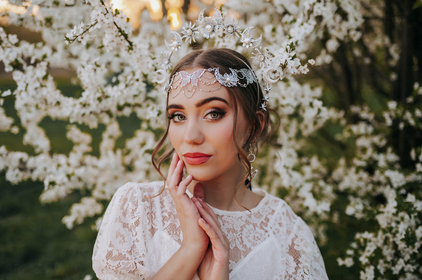 Silver Halo Crown Boho Bridal Crown Butterfly Wedding Headpiece Festival Bride