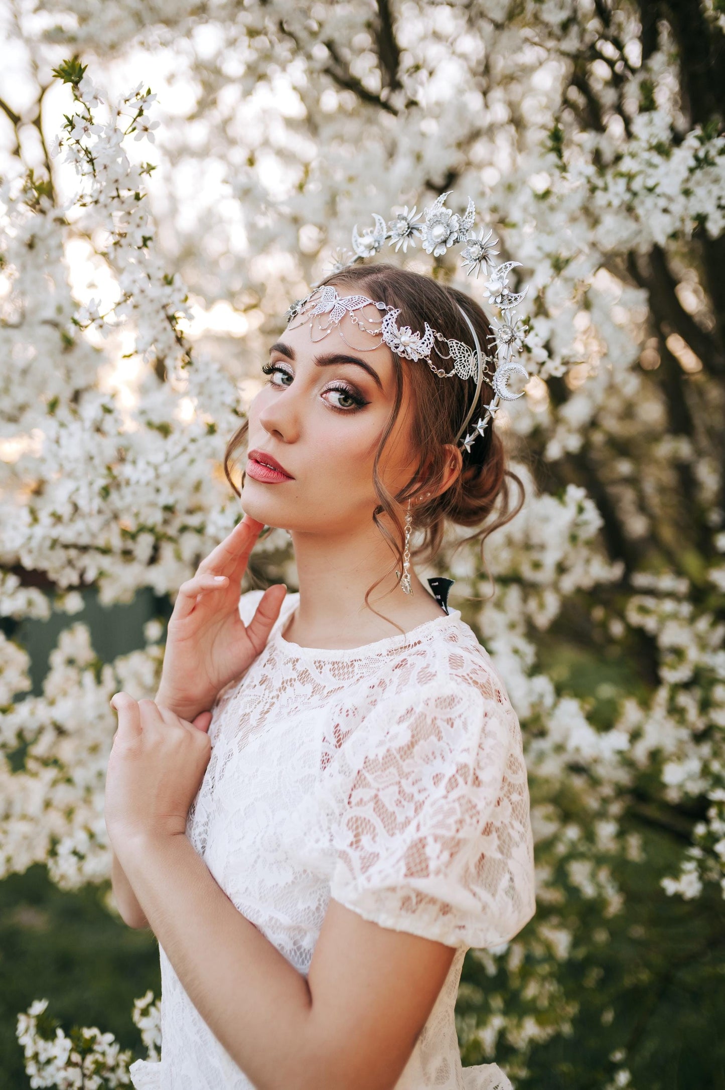 Silver Halo Crown Boho Bridal Crown Butterfly Wedding Headpiece Festival Bride