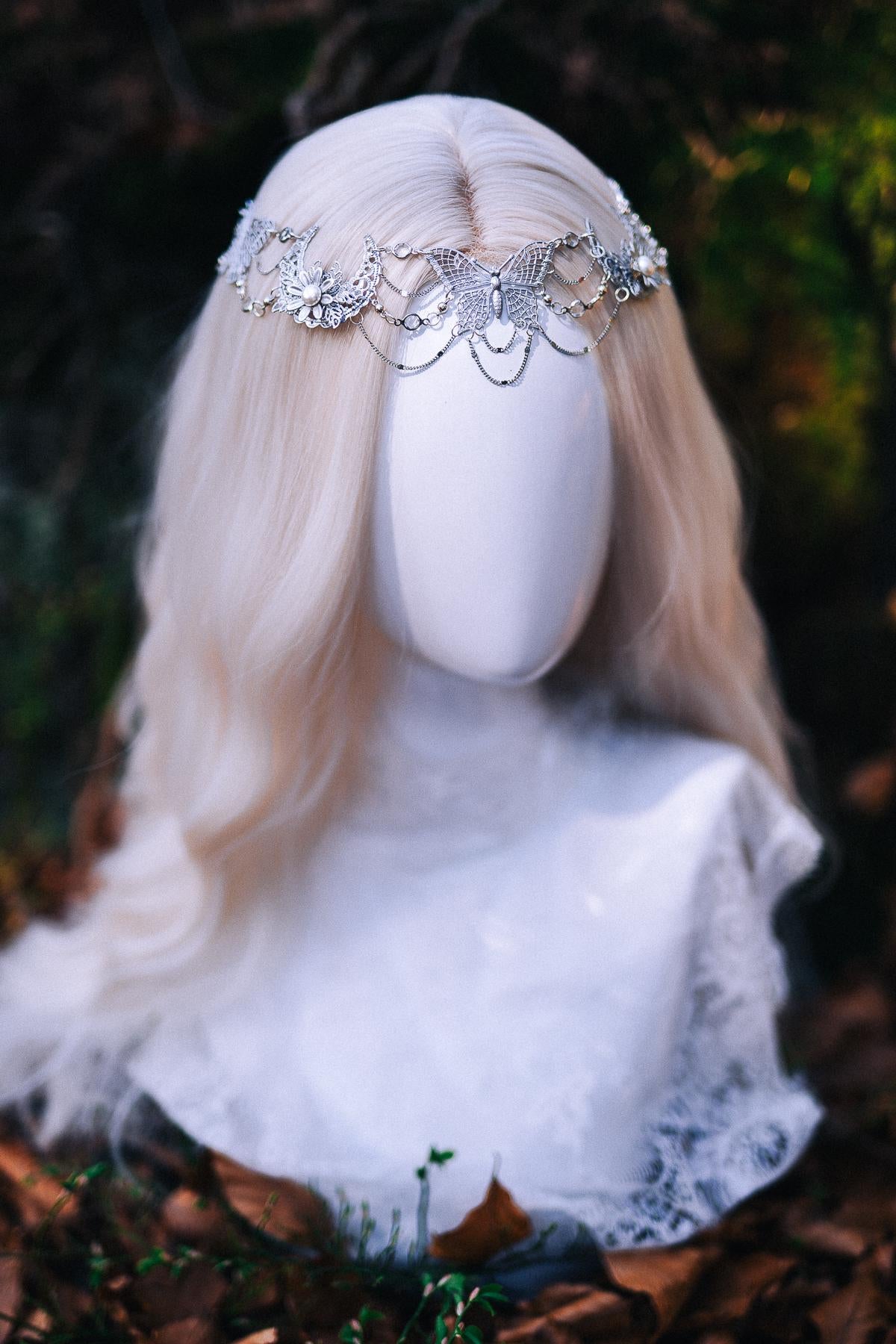 Silver Halo Crown Boho Bridal Crown Butterfly Wedding Headpiece Festival Bride