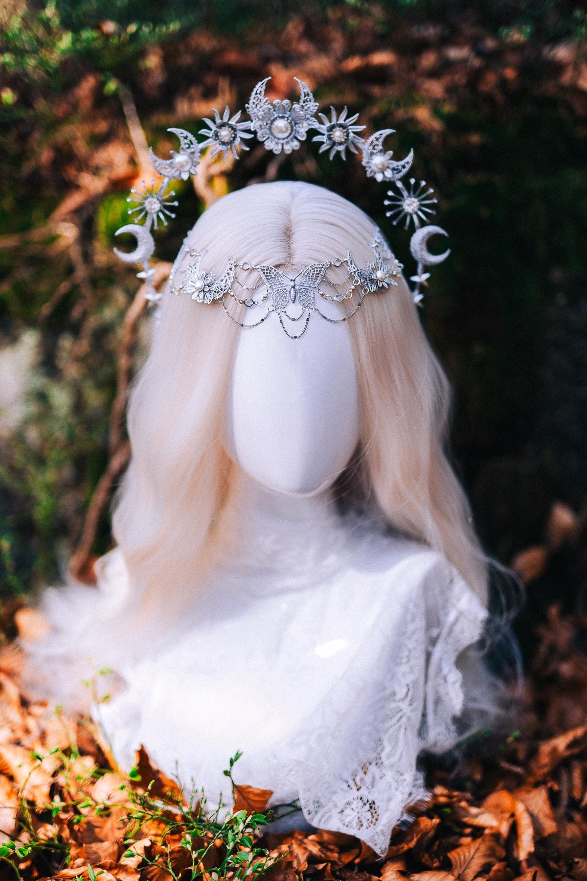 Silver Halo Crown Boho Bridal Crown Butterfly Wedding Headpiece Festival Bride
